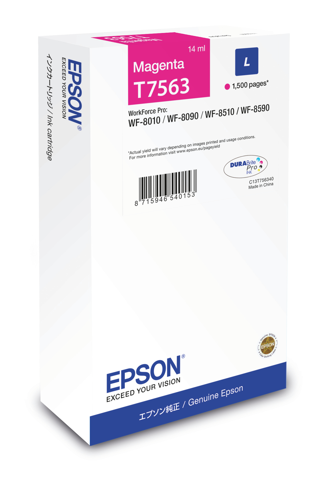 Cartucho de tinta magenta Epson en una caja. La caja es blanca con detalles rosas. El texto dice 'Magenta T7563'.