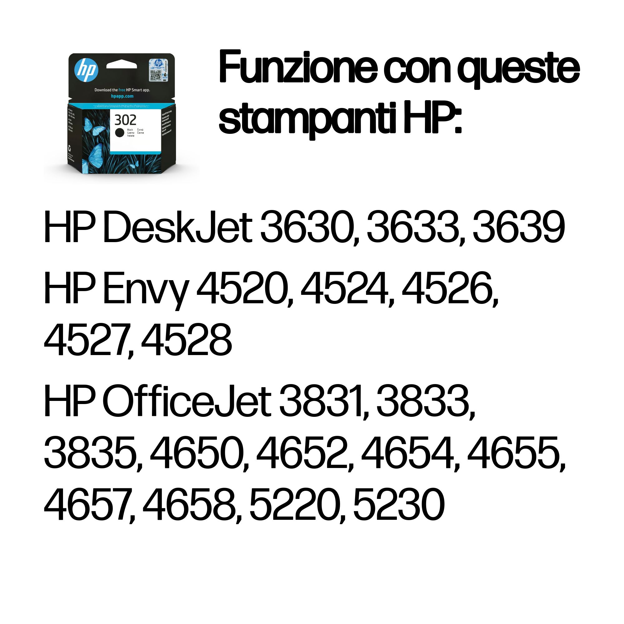 Eine HP-Tintenpatronenbox und eine Liste kompatibler Drucker werden angezeigt.