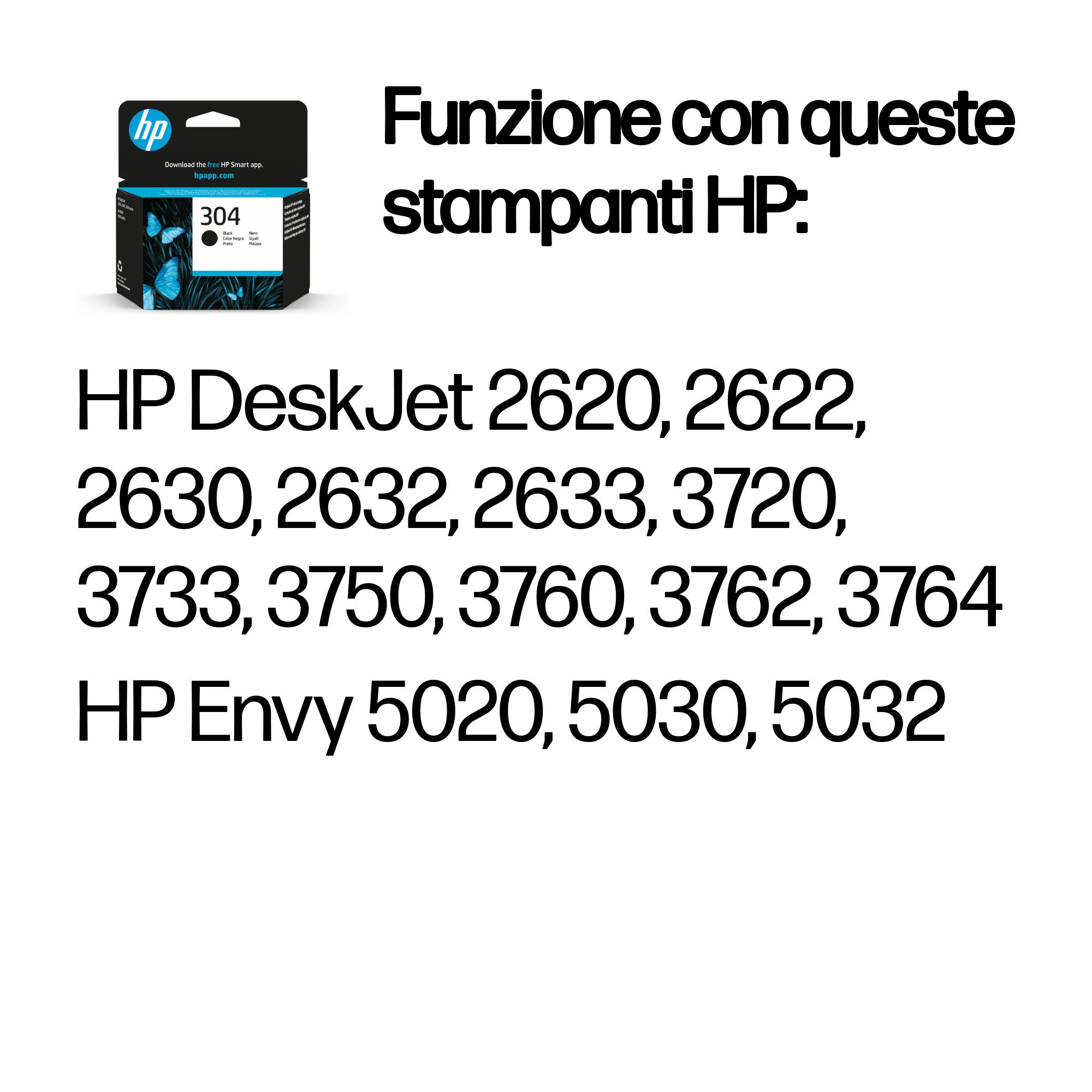 Un cartucho de tinta negro y azul con texto que enumera impresoras HP compatibles.