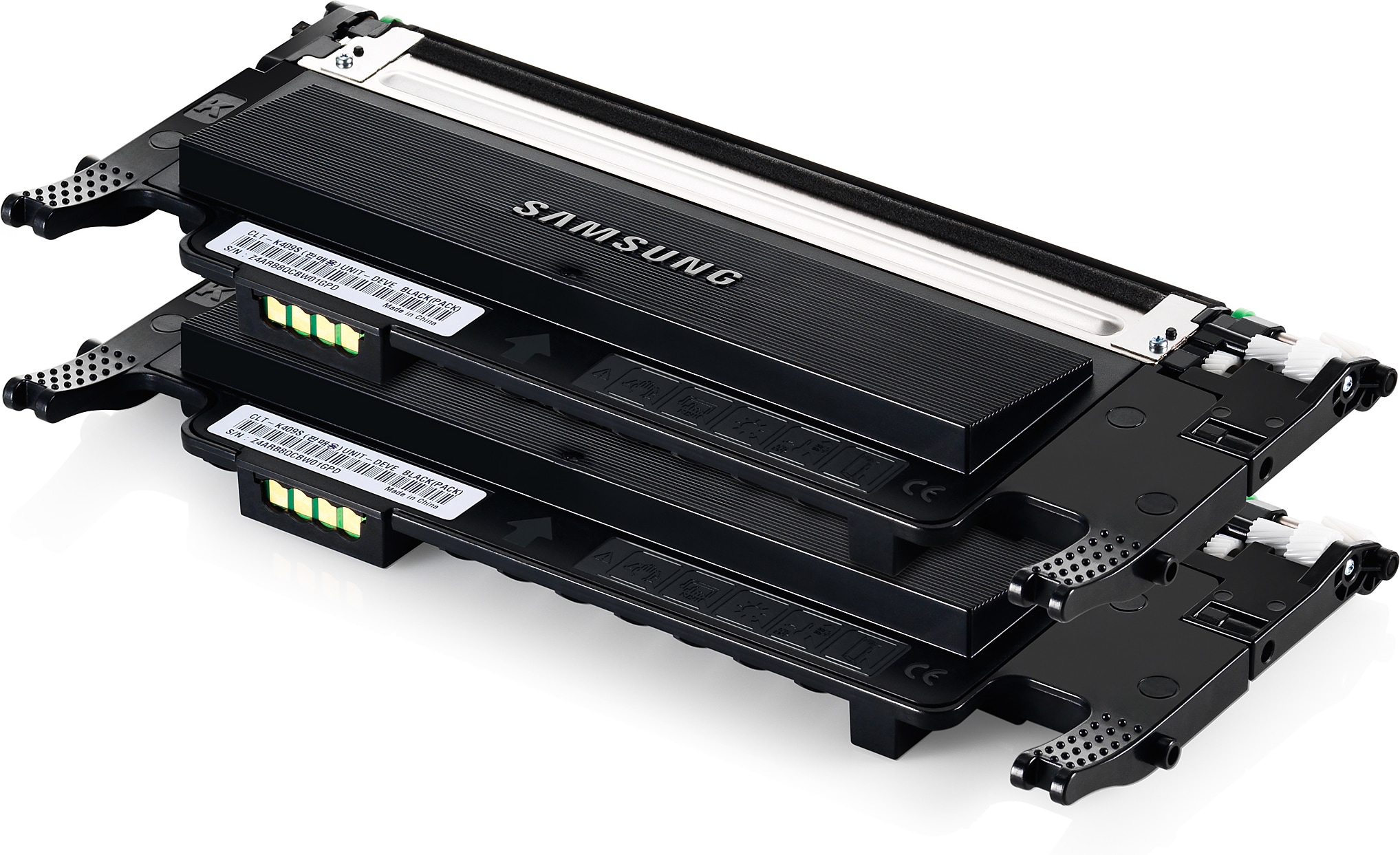 Deux cartouches de toner Samsung noires avec des étiquettes sur le dessus.