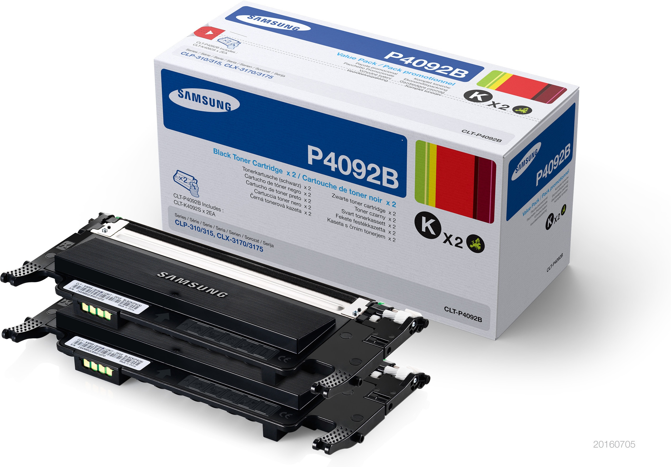 Boîte de cartouches de toner Samsung P4092B. Deux cartouches de toner noires en dessous.