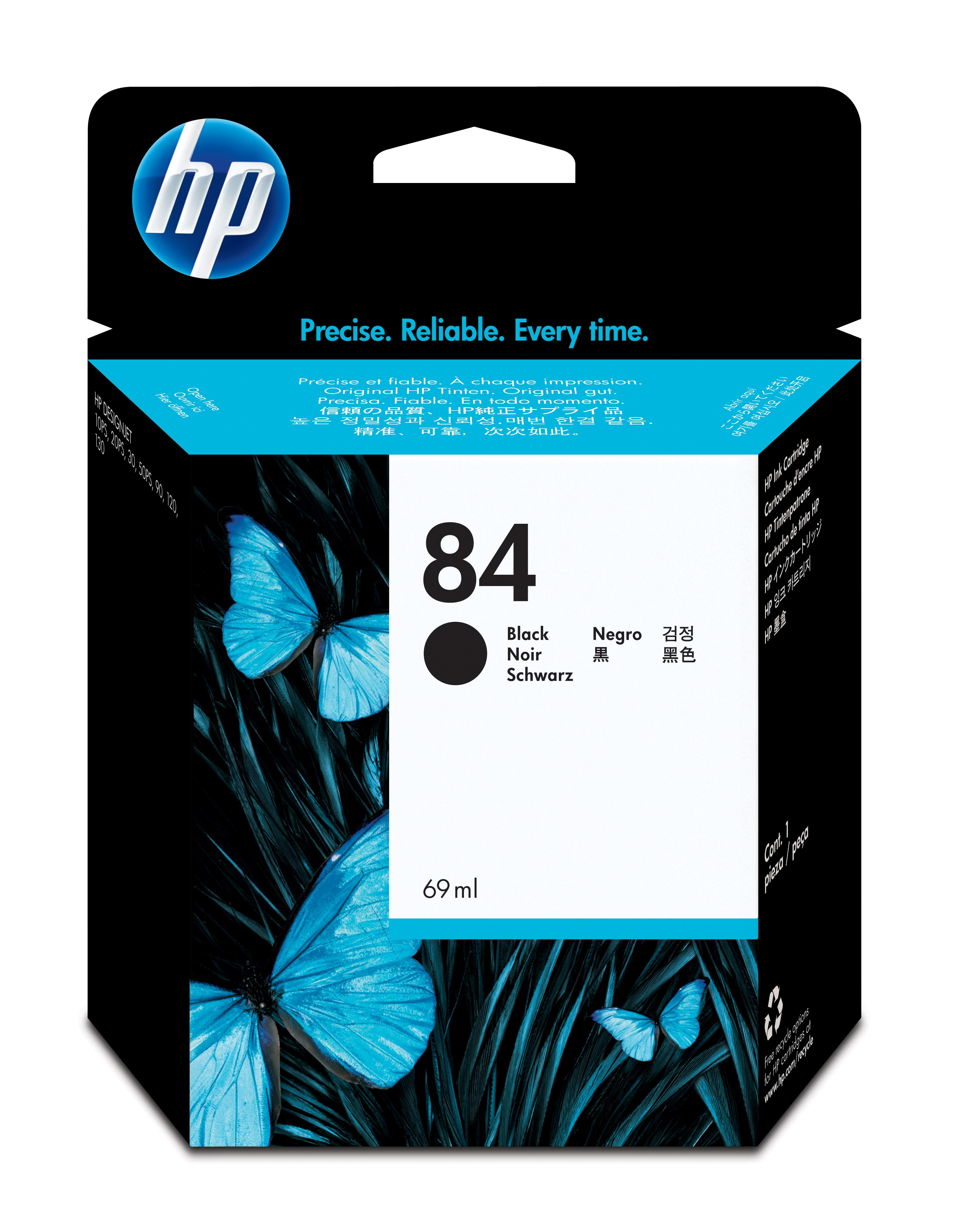 HP zwarte inktcartridge verpakking met een blauw vlinderontwerp en het nummer 84.