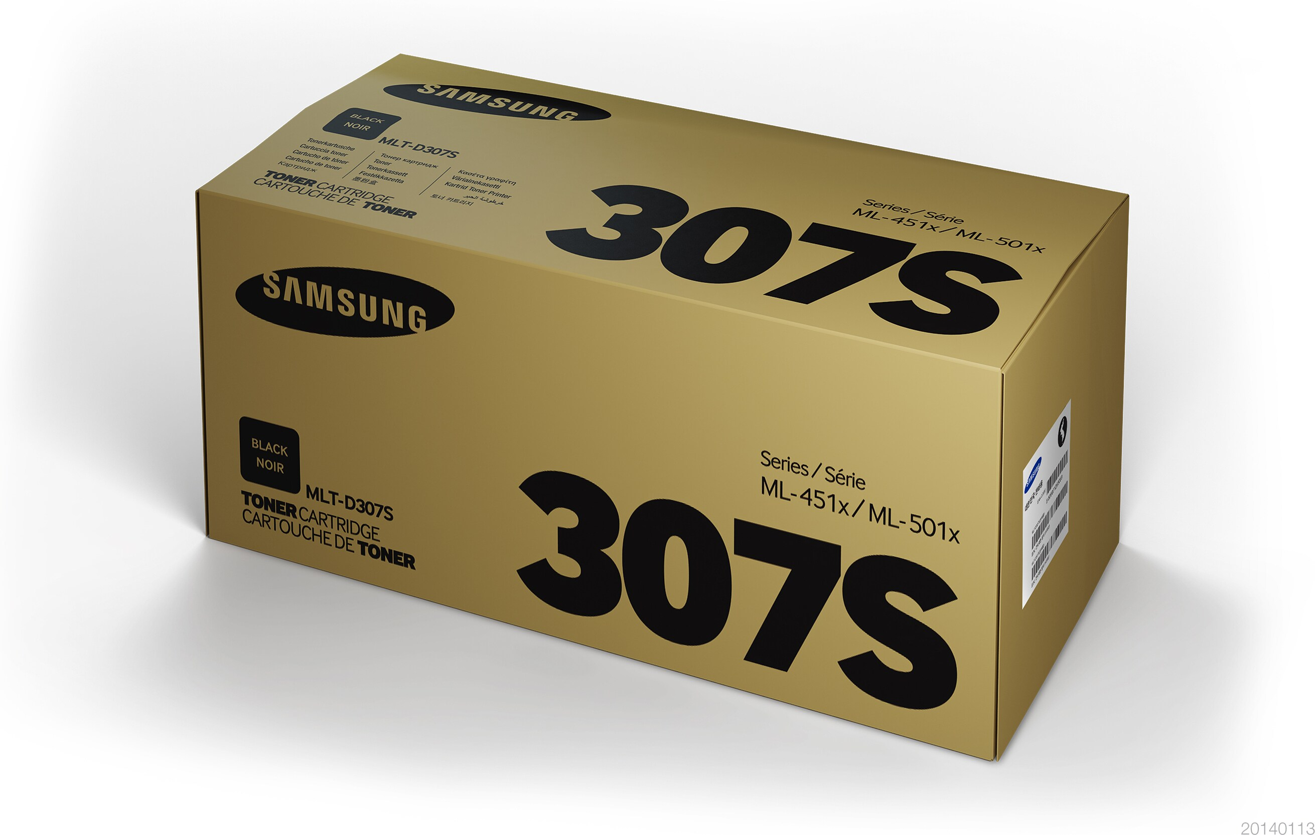 Scatola per cartuccia toner oro e nera. Testo: Samsung, 307S e cartuccia toner. Sfondo bianco.