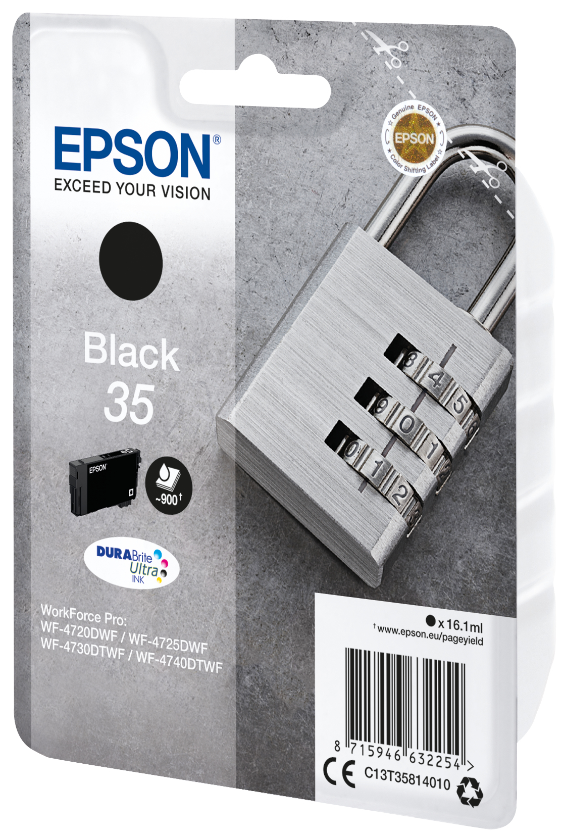 Emballage de cartouche d'encre Epson avec encre noire et un cadenas à combinaison. Comprend texte, encre noire et petite bouteille d'encre.