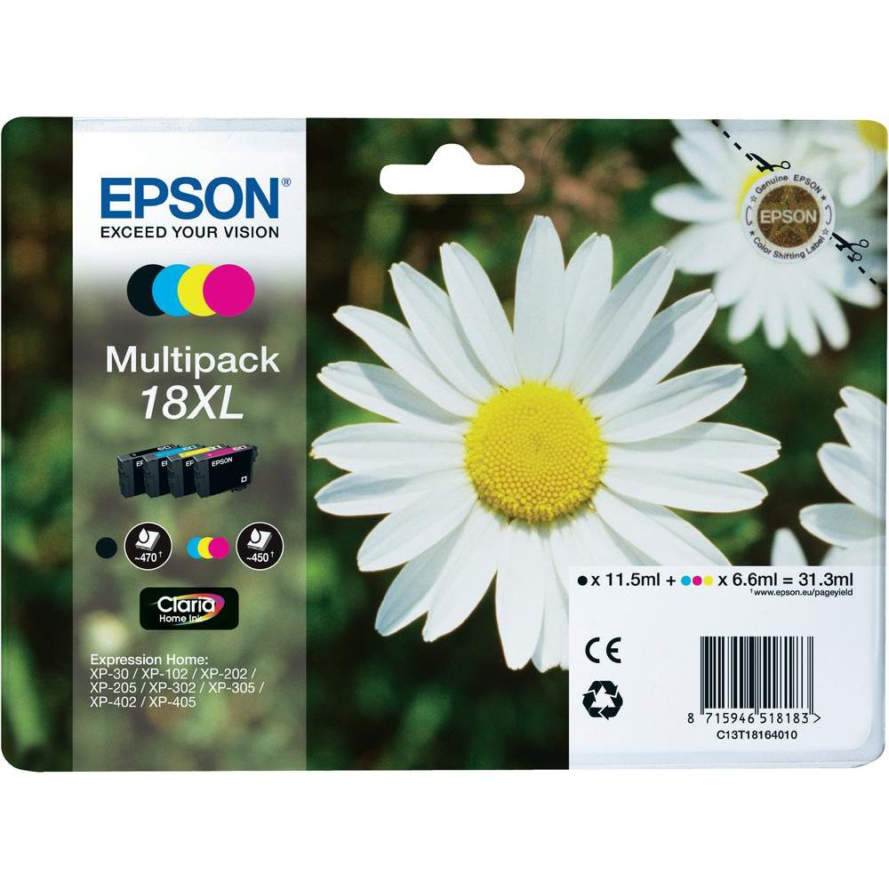 Cartucho de tinta Epson con colores negro, cian, amarillo y magenta. El fondo tiene margaritas.