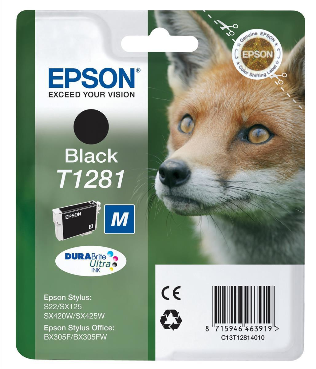 Embalaje de cartucho de tinta Epson con tinta negra y la cara de un zorro.