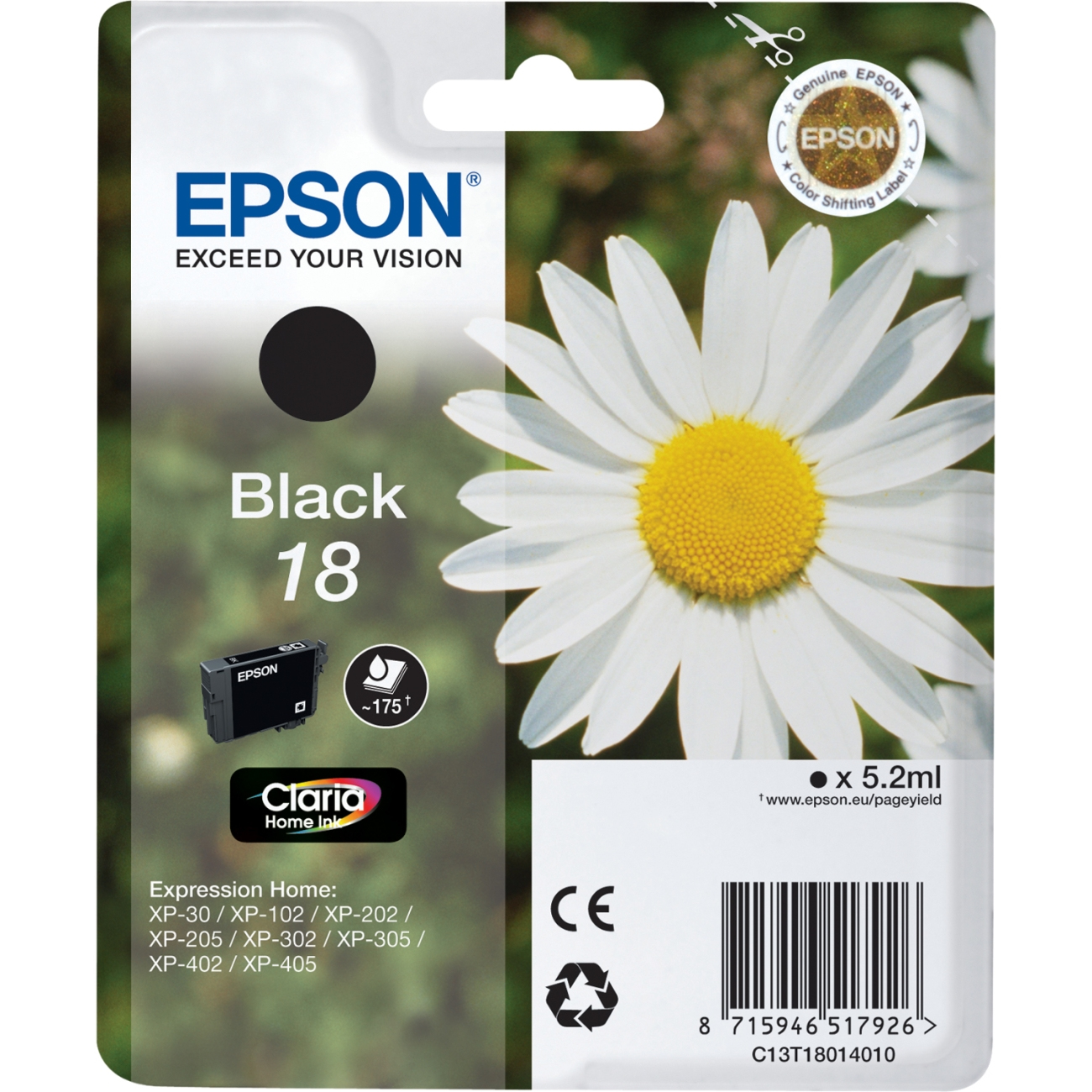 Cartucho de tinta Epson Black 18 con imagen de margarita sobre fondo blanco.