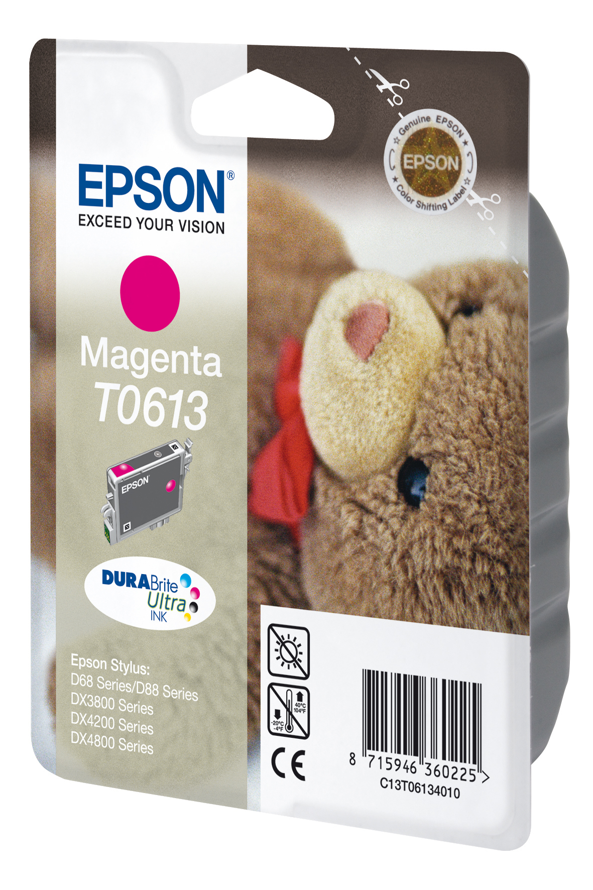 Epson Magenta Tintenpatrone mit Teddybär-Hintergrund. Text auf der Verpackung.