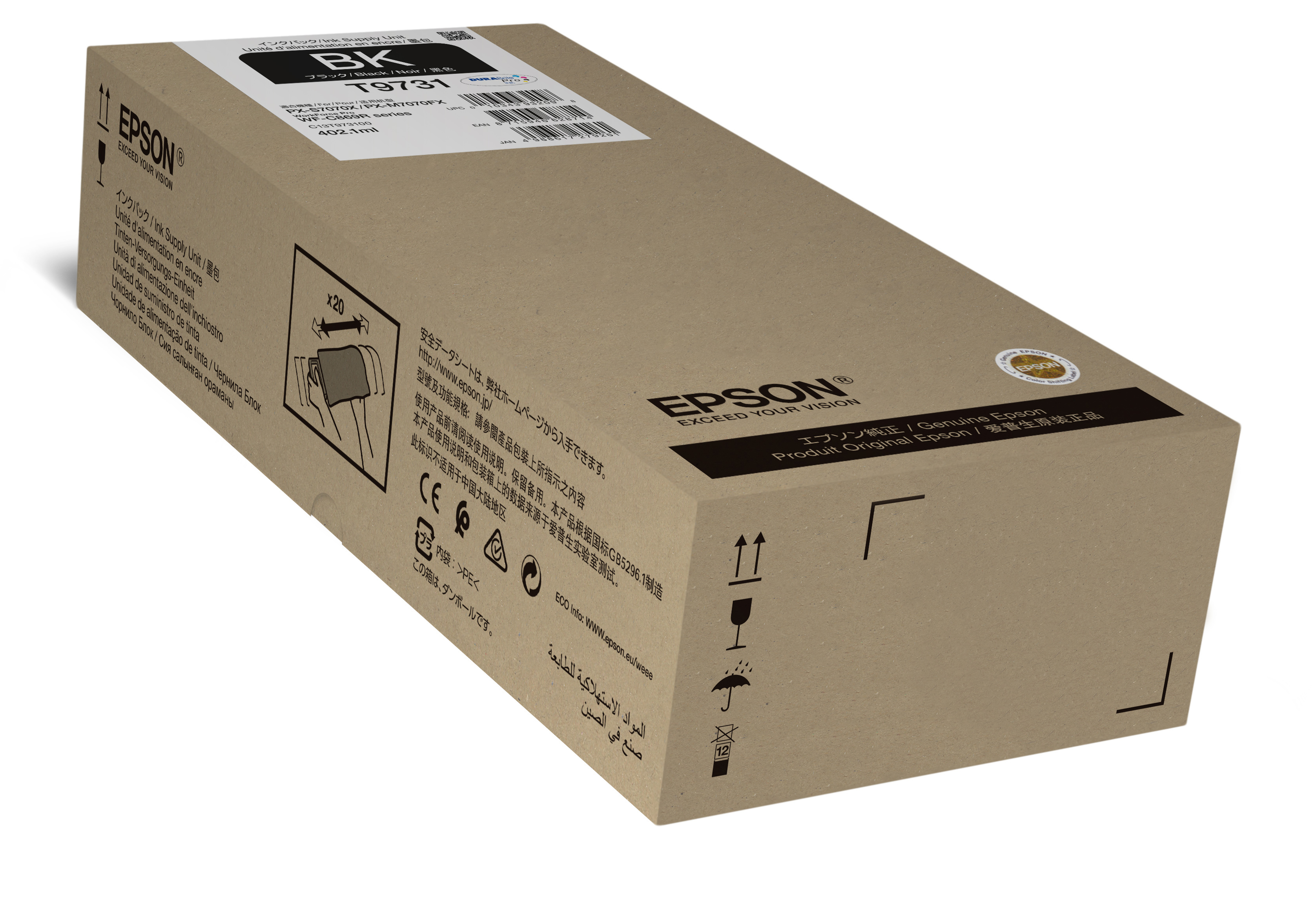 Scatola di cartucce di inchiostro nero Epson. La scatola è marrone. Il testo dice 'BK T5731'. Contiene informazioni sul prodotto.