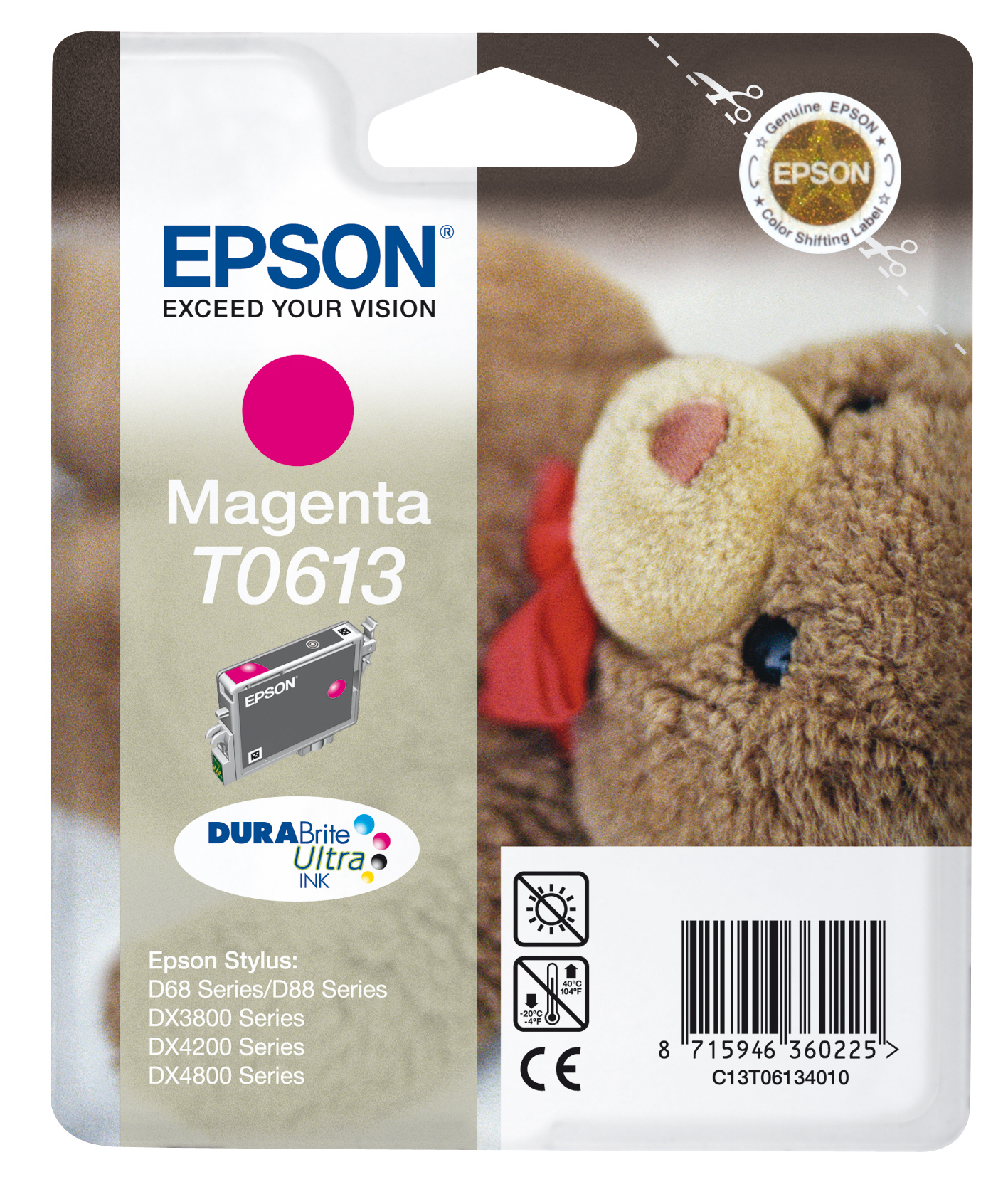 Epson Magenta Tintenpatronenverpackung mit Teddybärgrafik.