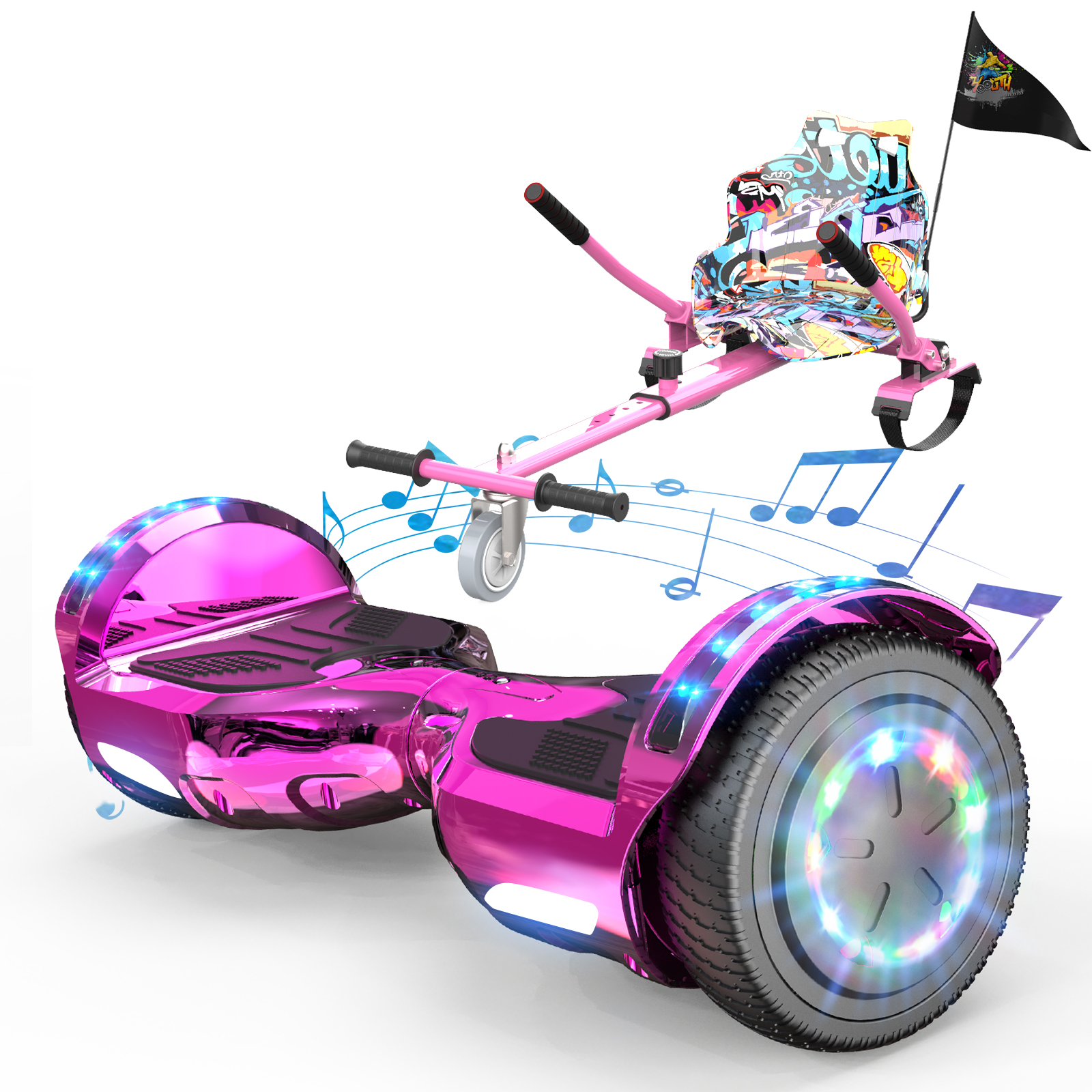Rosa Hoverboard-Wagen mit Sitz, Fahne und Lenker. Räder haben farbige Lichter und Noten.