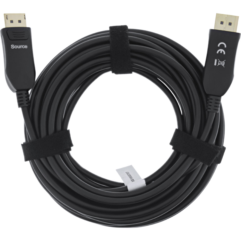 Câble DisplayPort noir. Câble noir avec connecteurs à chaque extrémité, sangles velcro autour.