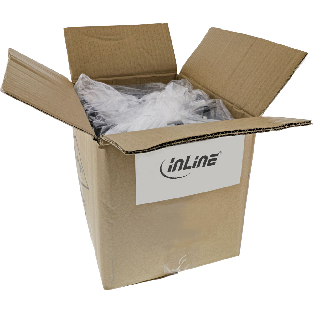 Ein offener Karton mit Verpackungsmaterial im Inneren. Auf dem Etikett steht 'inLINE'.