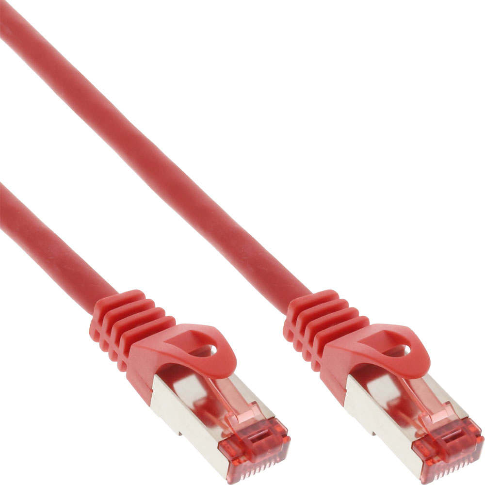 Twee rode ethernetkabels met connectoren, tegen een witte achtergrond, omhoog gericht.