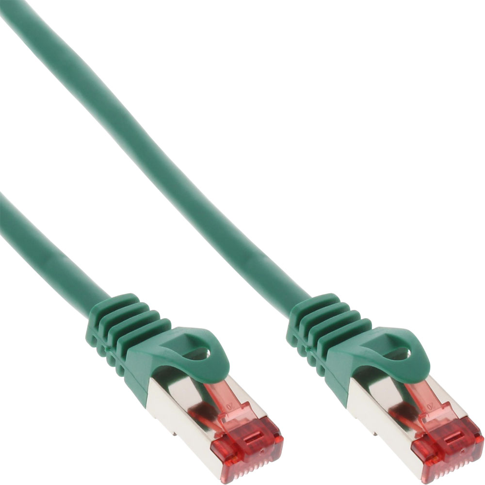 Twee groene netwerkkabels met rode connectoren.