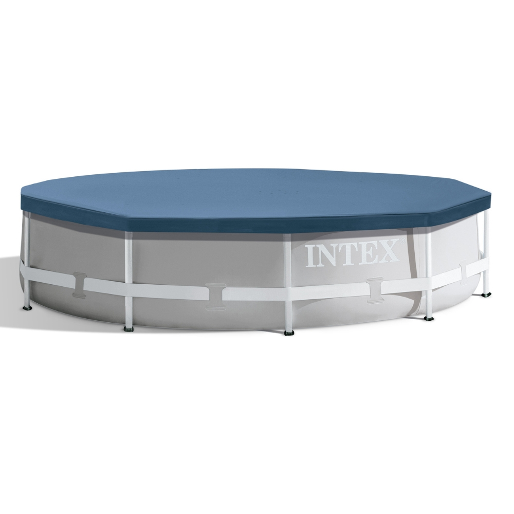 Ein Intex-Pool mit einer blauen Abdeckung. Der Pool ist grau und hat einen Metallrahmen.