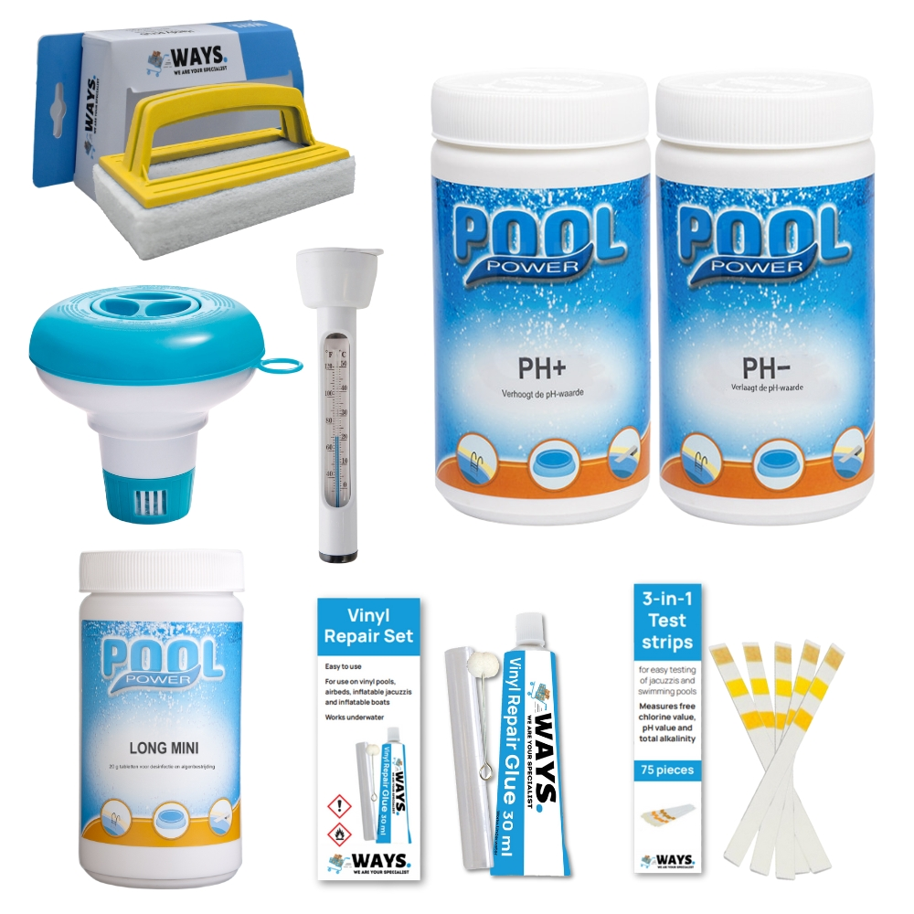 Verschillende zwembadreinigingsproducten: een borstel, een dispenser, een thermometer, teststrips en chemicaliën.