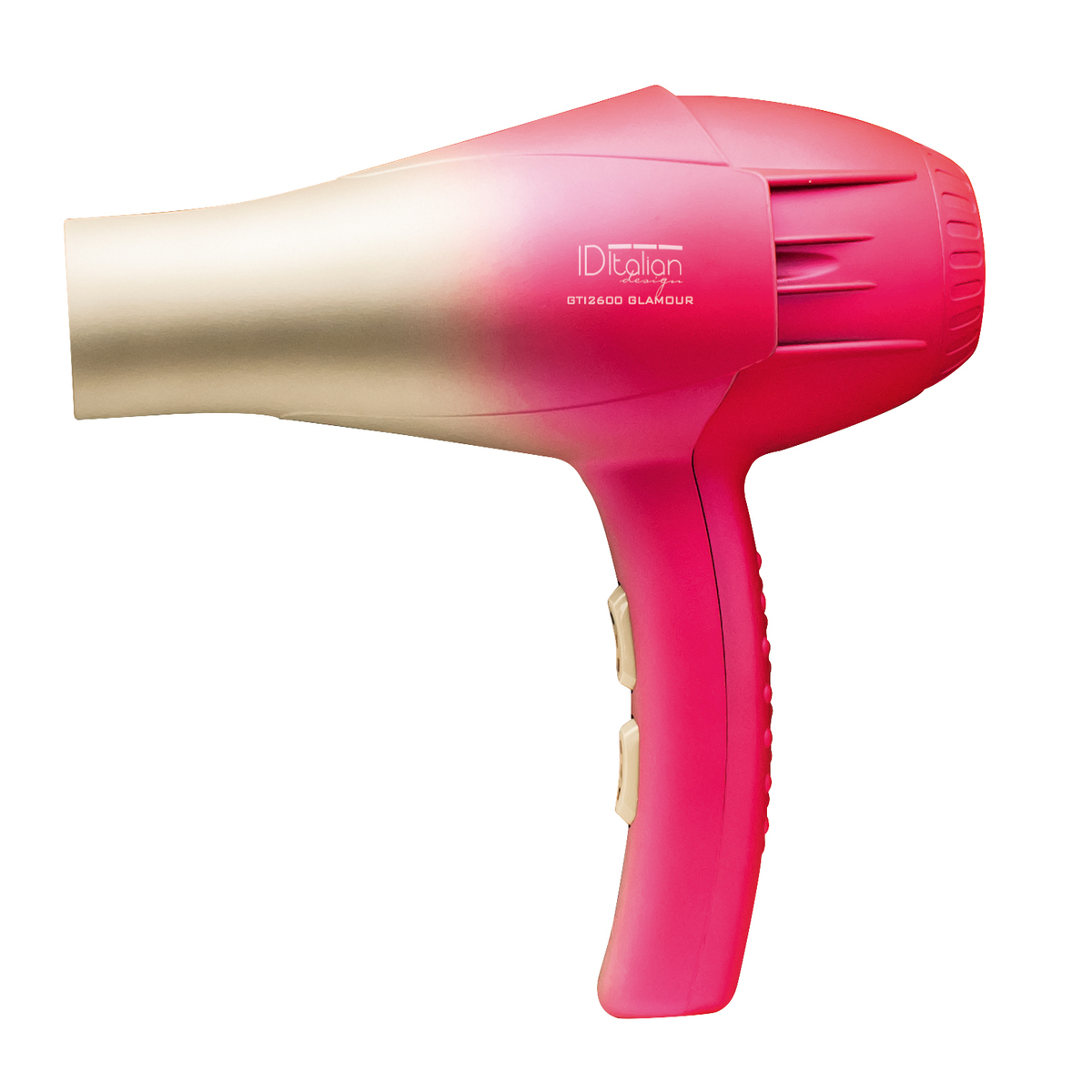 Różowo-biała suszarka do włosów z marką ID Italian Design, na białym tle.