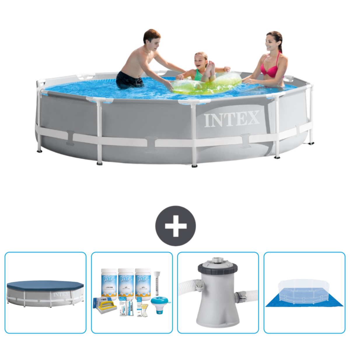 Grauer Intex-Pool mit schwimmenden Personen. Enthält Poolzubehör und eine Abdeckung.