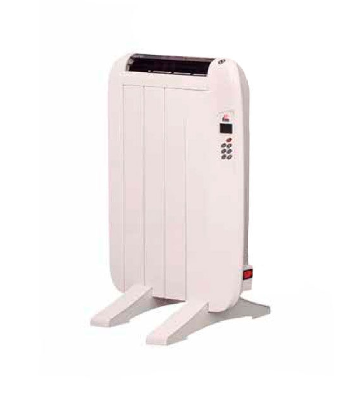 Calentador de radiador eléctrico blanco con pantalla digital y pies, aislado en blanco.
