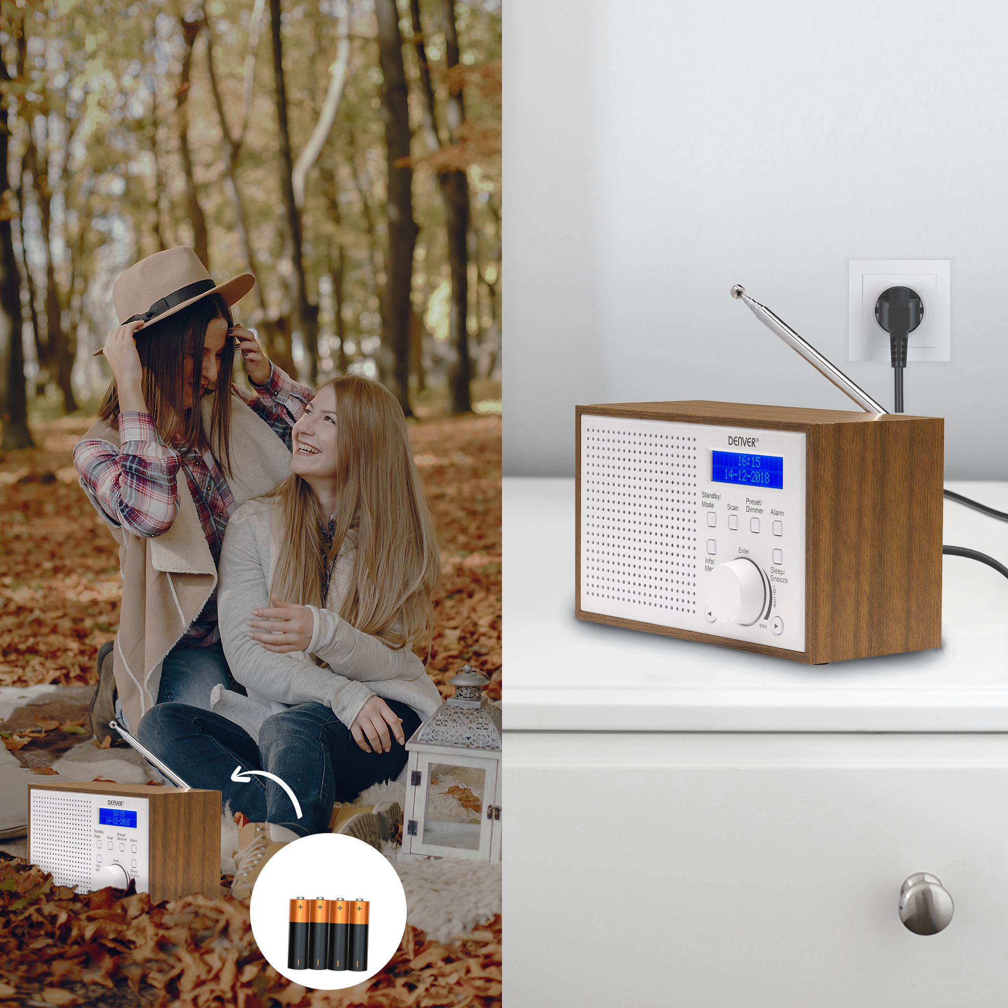 Dwie kobiety przy drzewie z radiem na białym stole.  Są baterie i wtyczka.