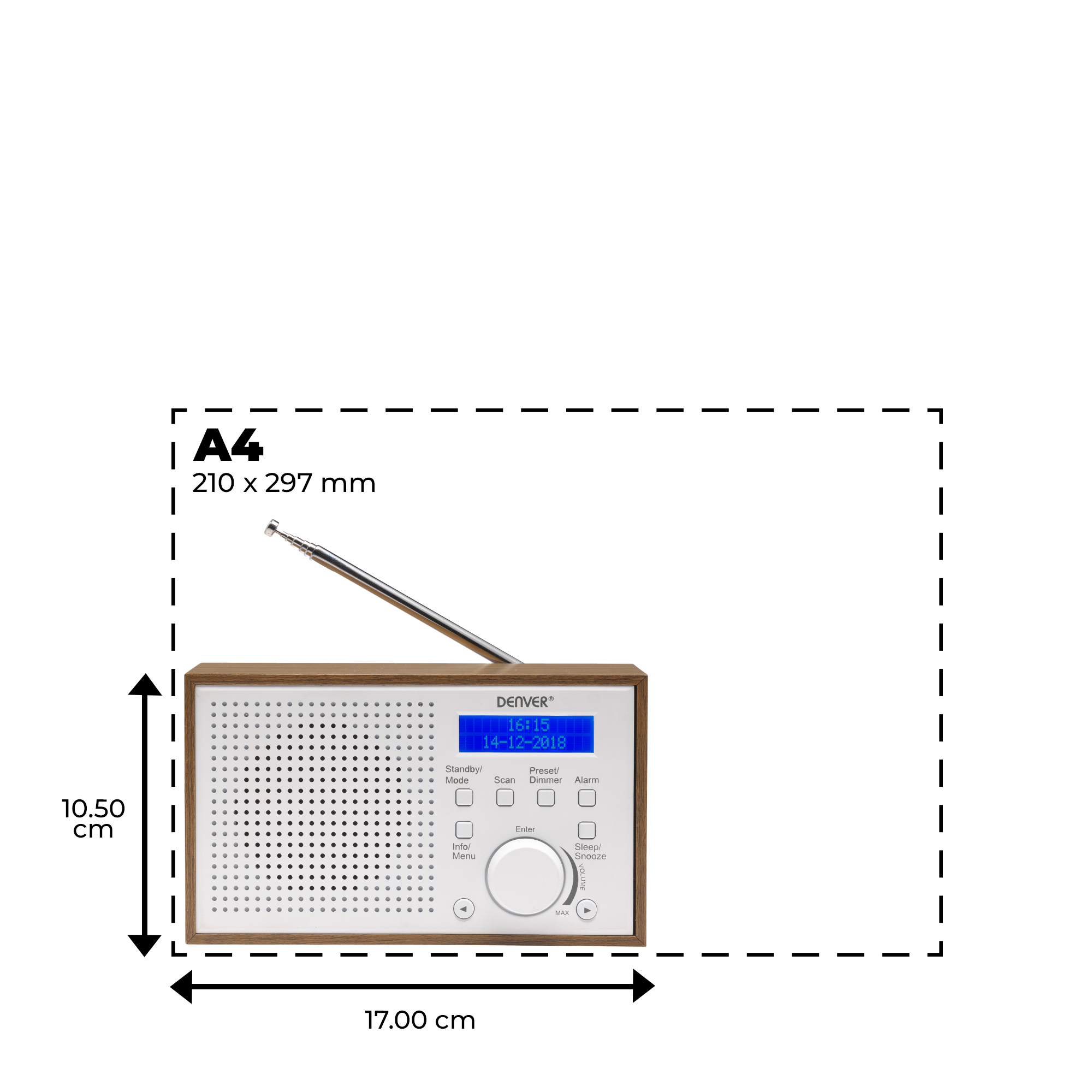Drewniane radio z wyświetlaczem cyfrowym pokazano z wymiarami i przerywaną obwódką.