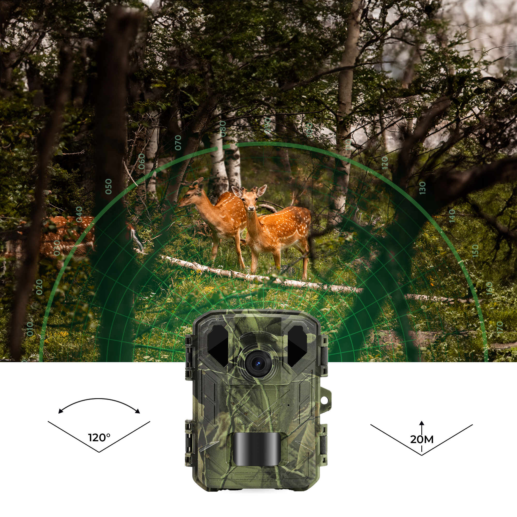 Camouflage camera with deer in background. Shows angle and distance.