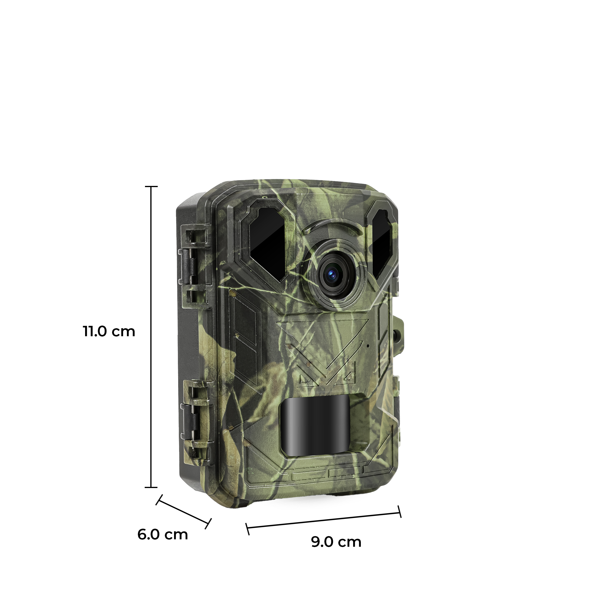 Camouflage camera with dimensions 11.0cm x 6.0cm x 9.0cm against a white background.