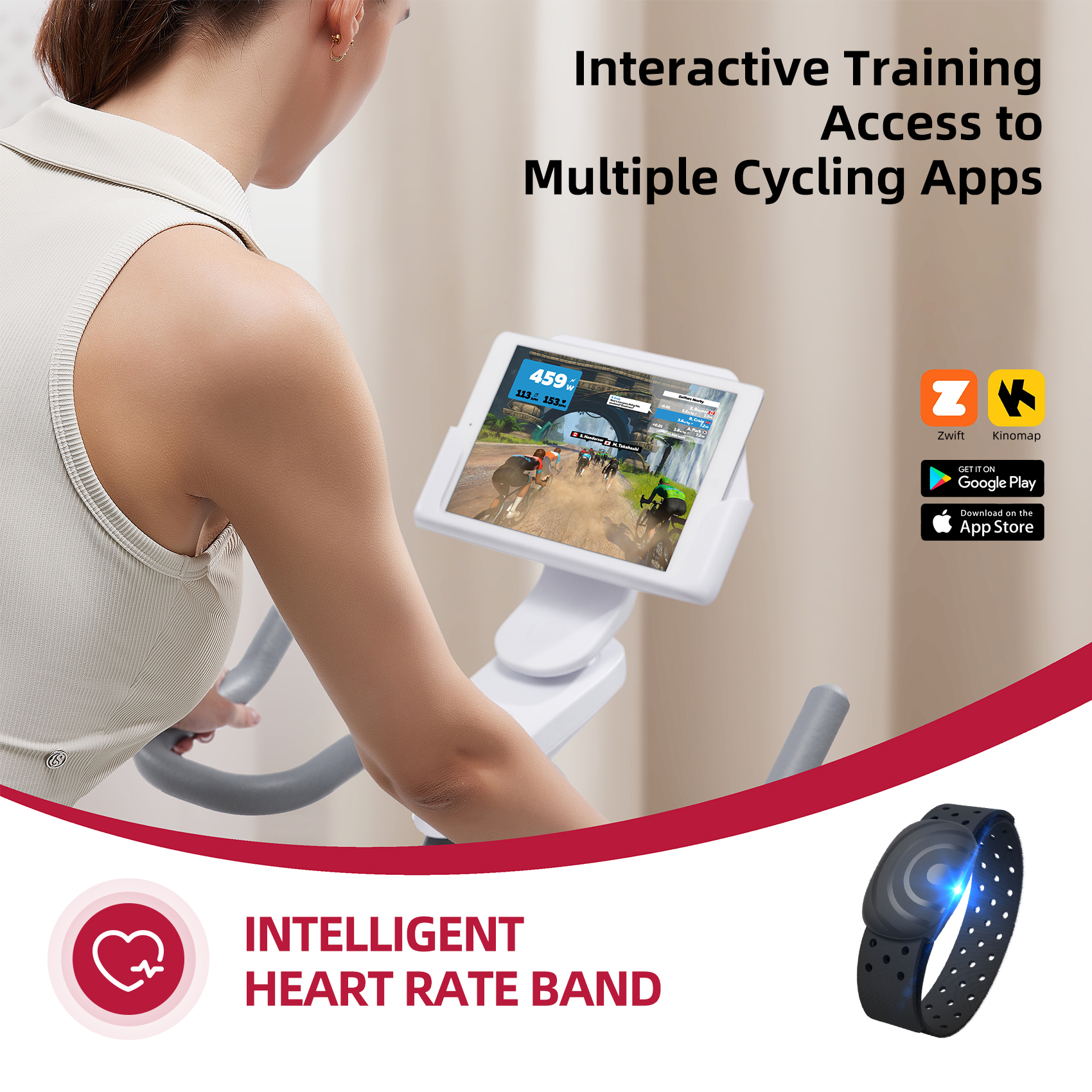 Frau benutzt ein stationäres Fahrrad mit Tablet, das Radfahr-Apps anzeigt. Herzfrequenzband wird gezeigt.