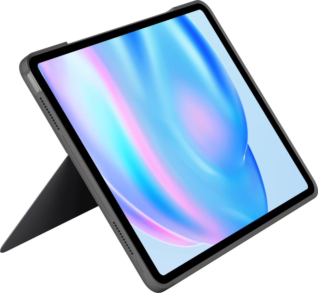 Tablet in una custodia, con display colorato e un supporto.