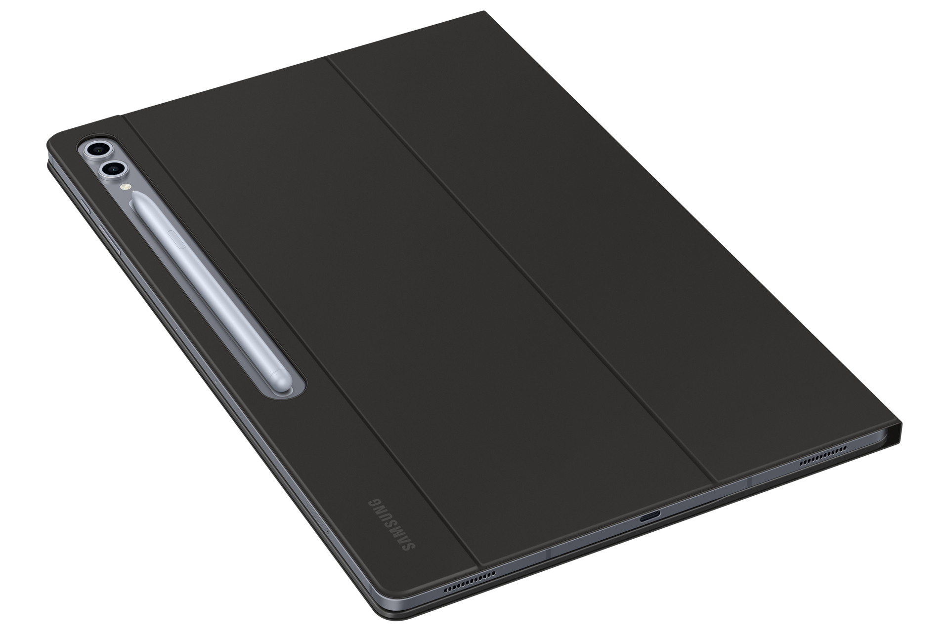 Tableta negra con lápiz dentro de una funda negra, sobre fondo blanco.