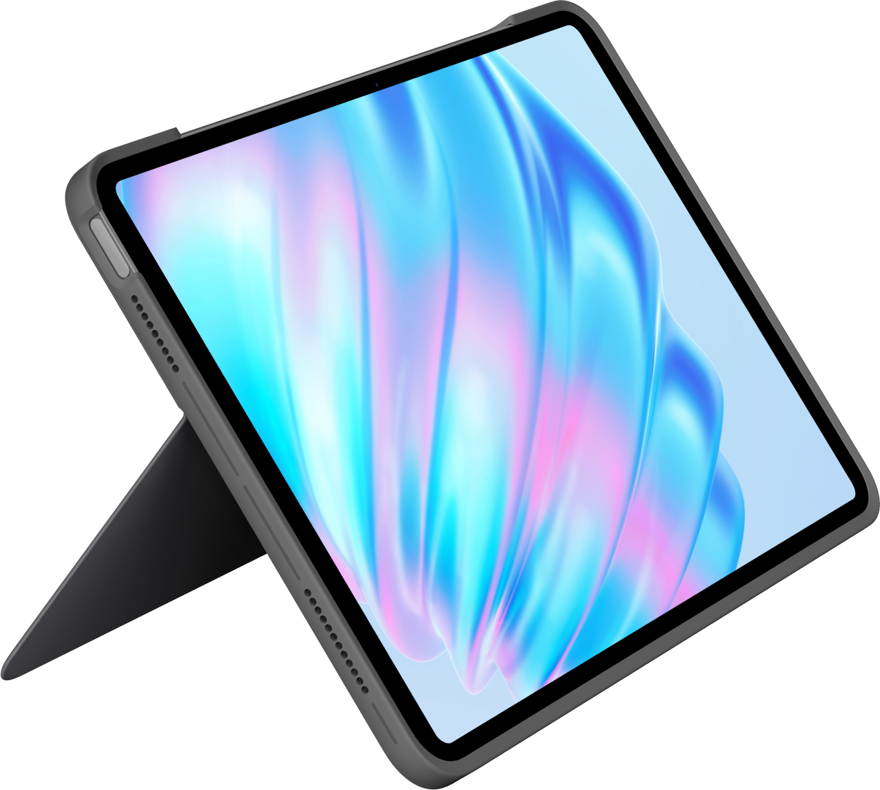 Tableta en una funda gris, apoyada para su visualización en una superficie, mostrando una pantalla colorida.