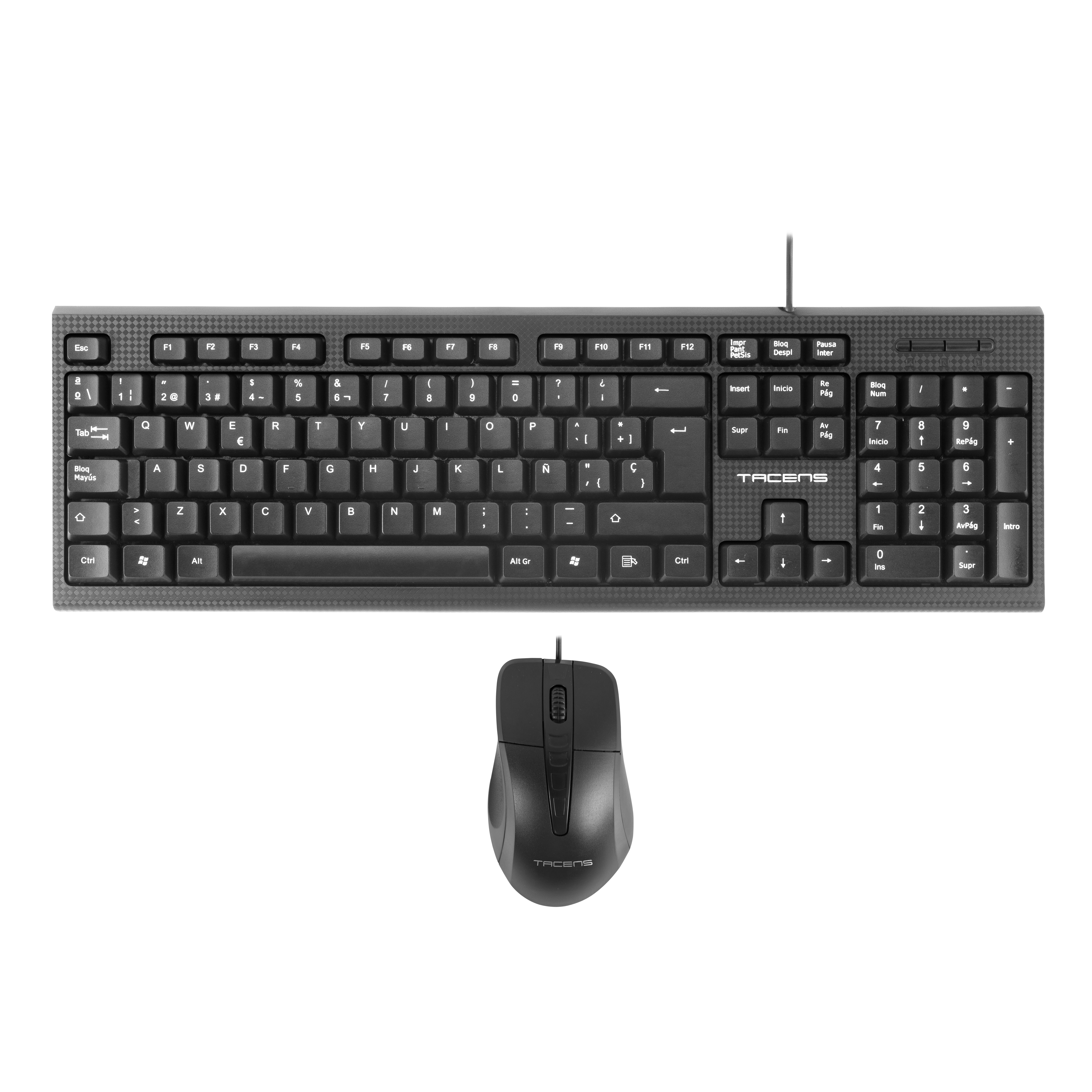 Teclado y ratón negros sobre fondo blanco. El teclado tiene muchas teclas.