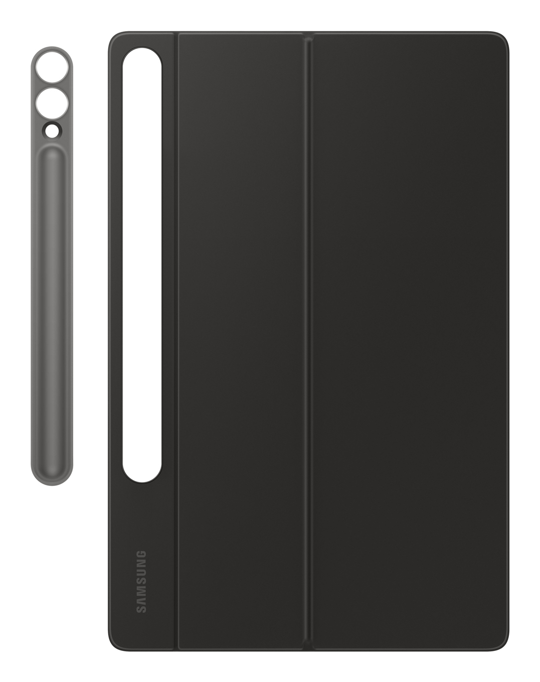 Étui de tablette noir avec un stylo. L'étui a une barre blanche et un porte-stylo.