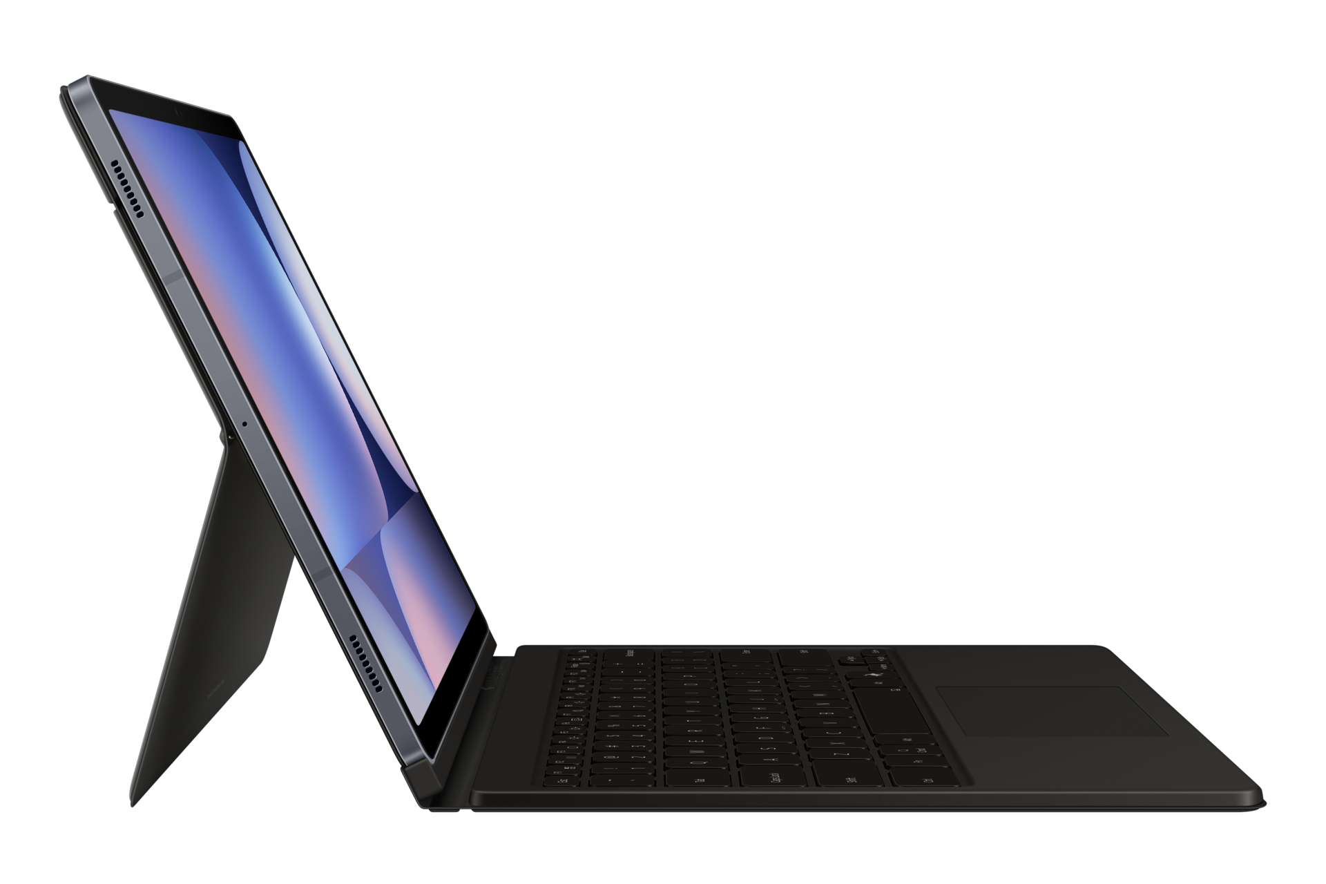 Tablette noire avec étui clavier, relevée. L'écran affiche un dégradé.