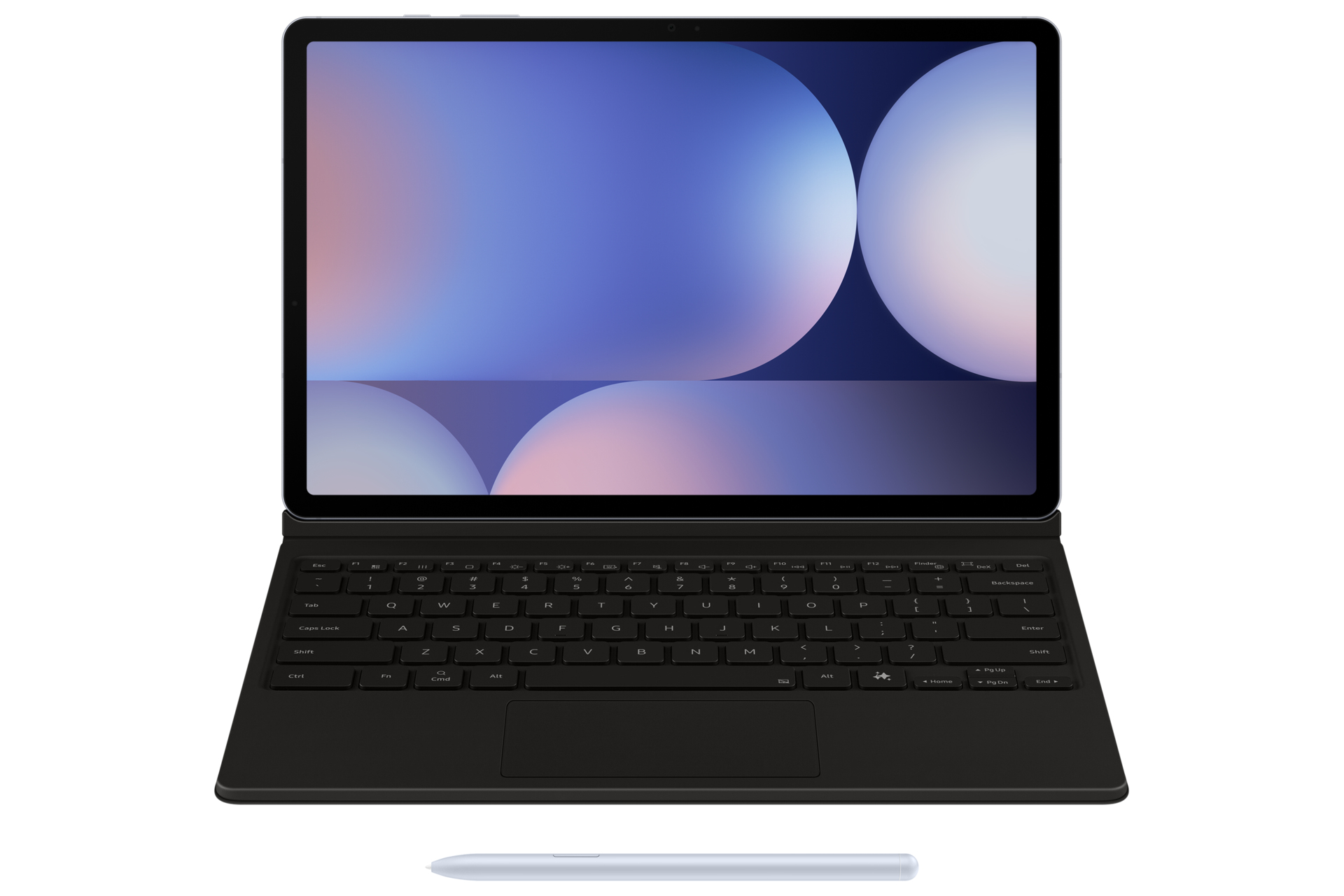 Tablette noire avec clavier et stylet attachés sur fond blanc. L'écran affiche des cercles bleus.