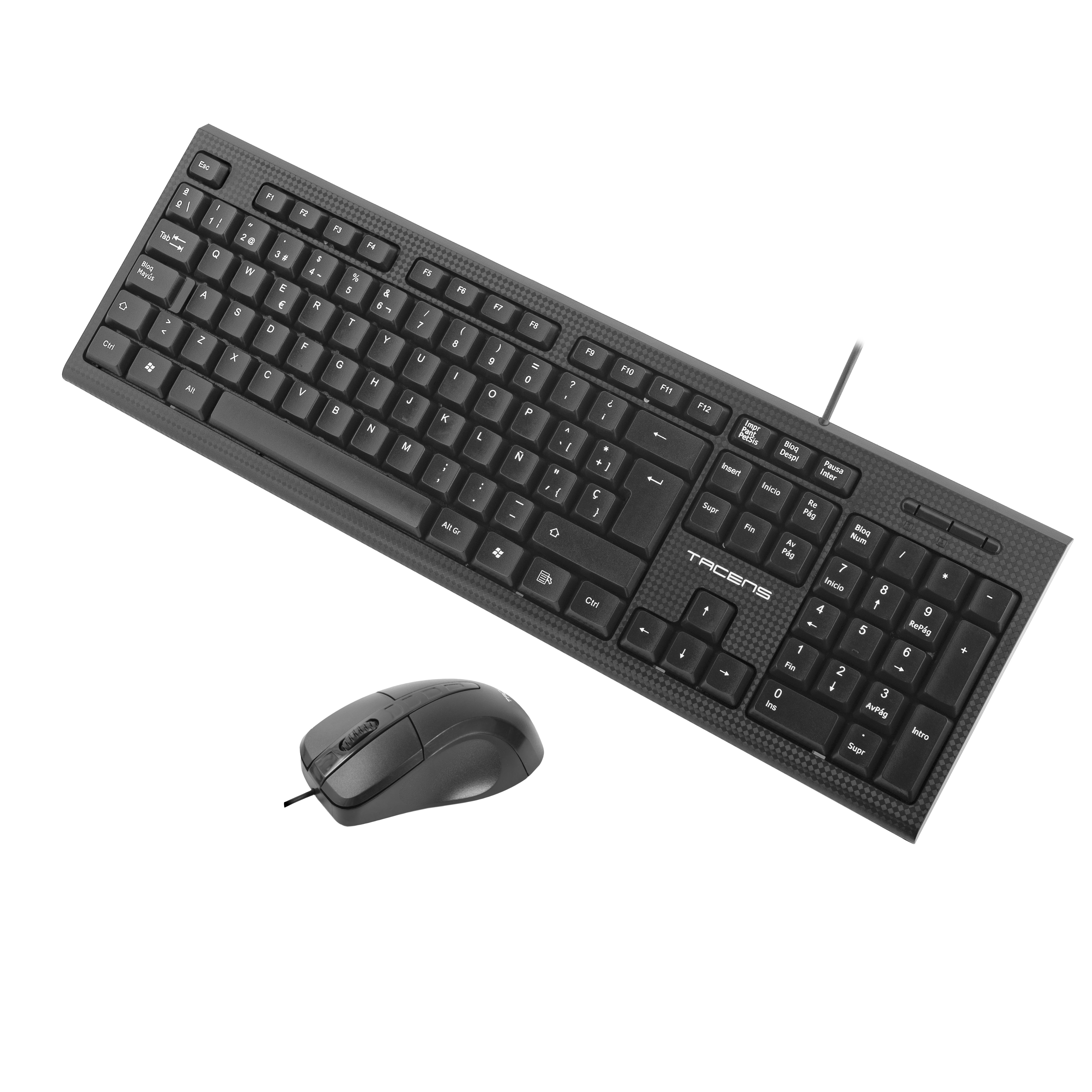 Conjunto de teclado y ratón negro. El teclado tiene un teclado numérico.