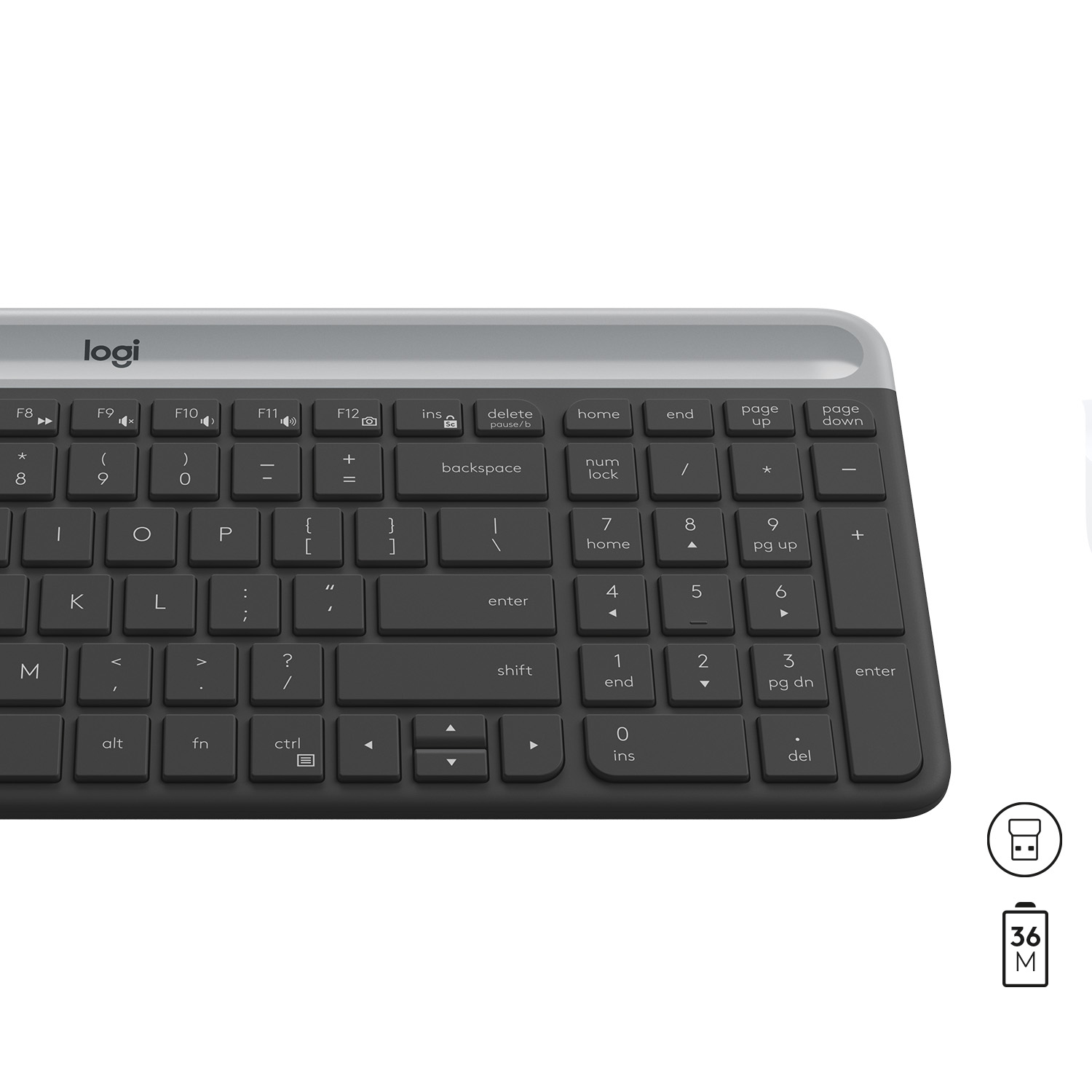 Un teclado Logitech negro y gris con teclado numérico y parte superior gris.