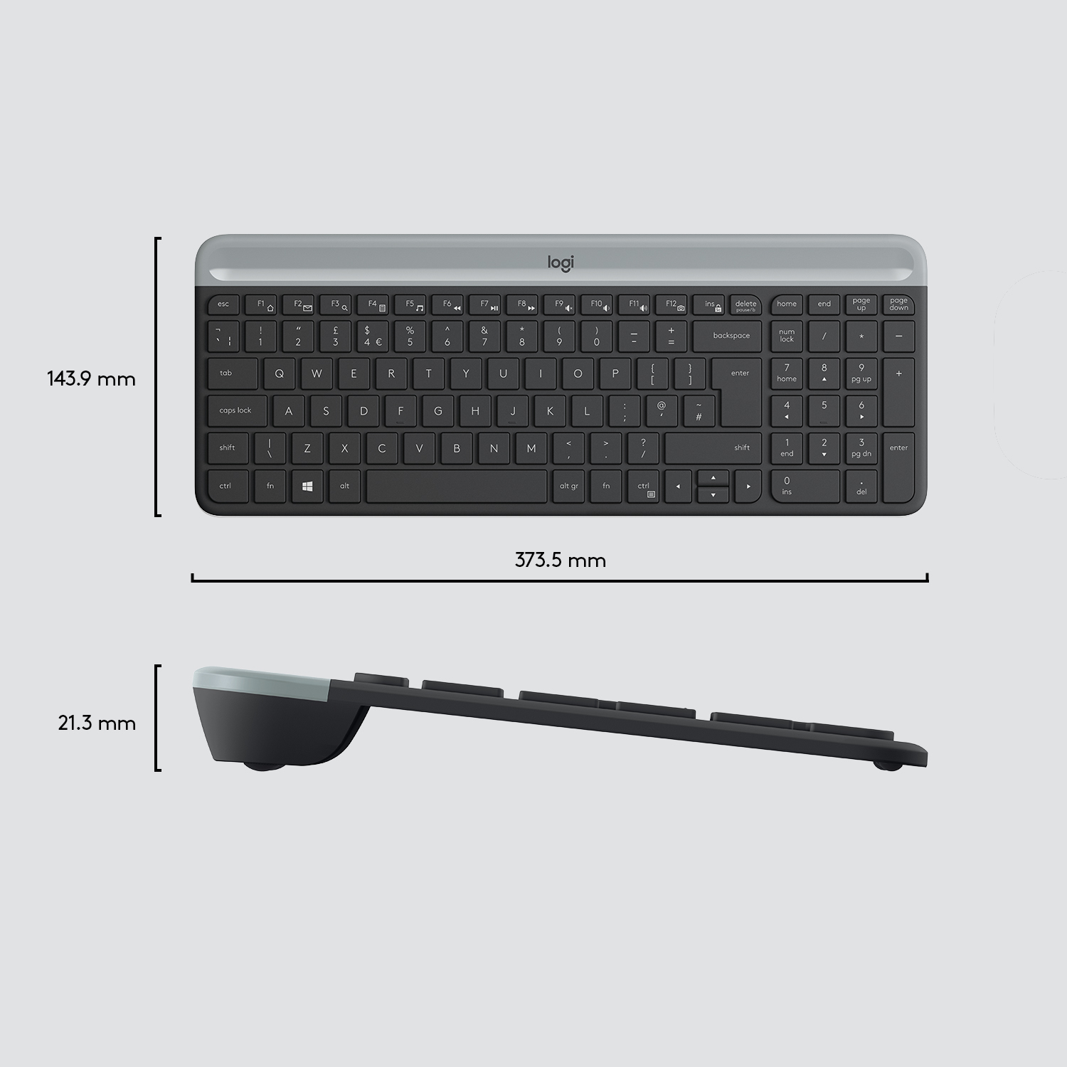 Teclado negro y gris con dimensiones sobre un fondo blanco.