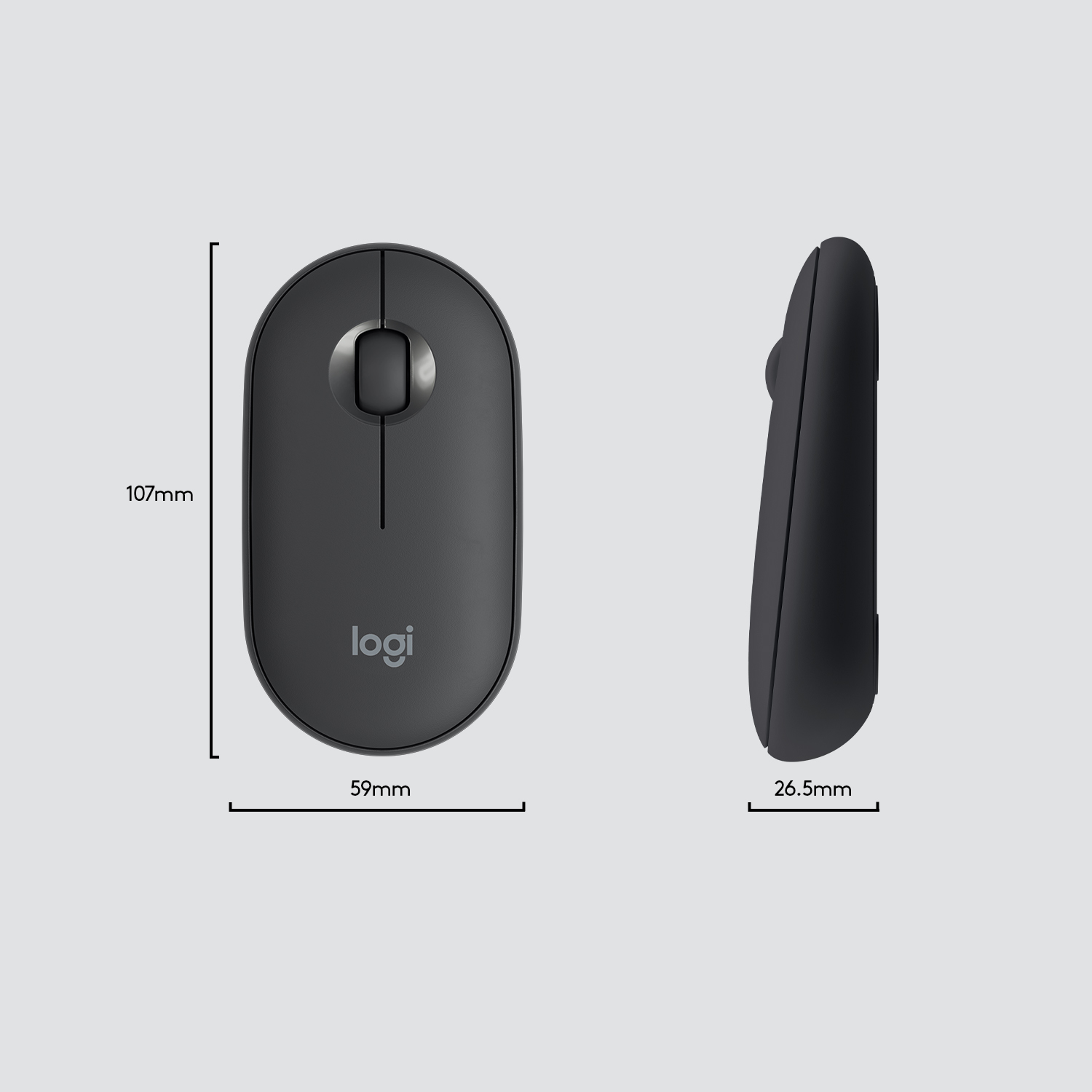 Un ratón Logitech negro con dimensiones: 107 mm alto, 59 mm ancho y 26,5 mm grosor.