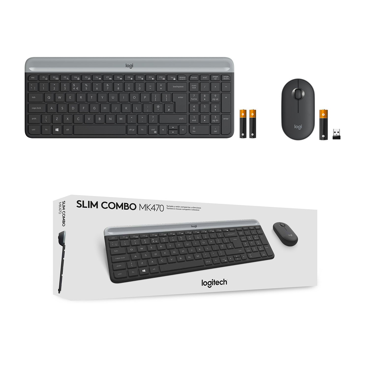 Juego de teclado y ratón sobre fondo blanco. El teclado es gris y negro.