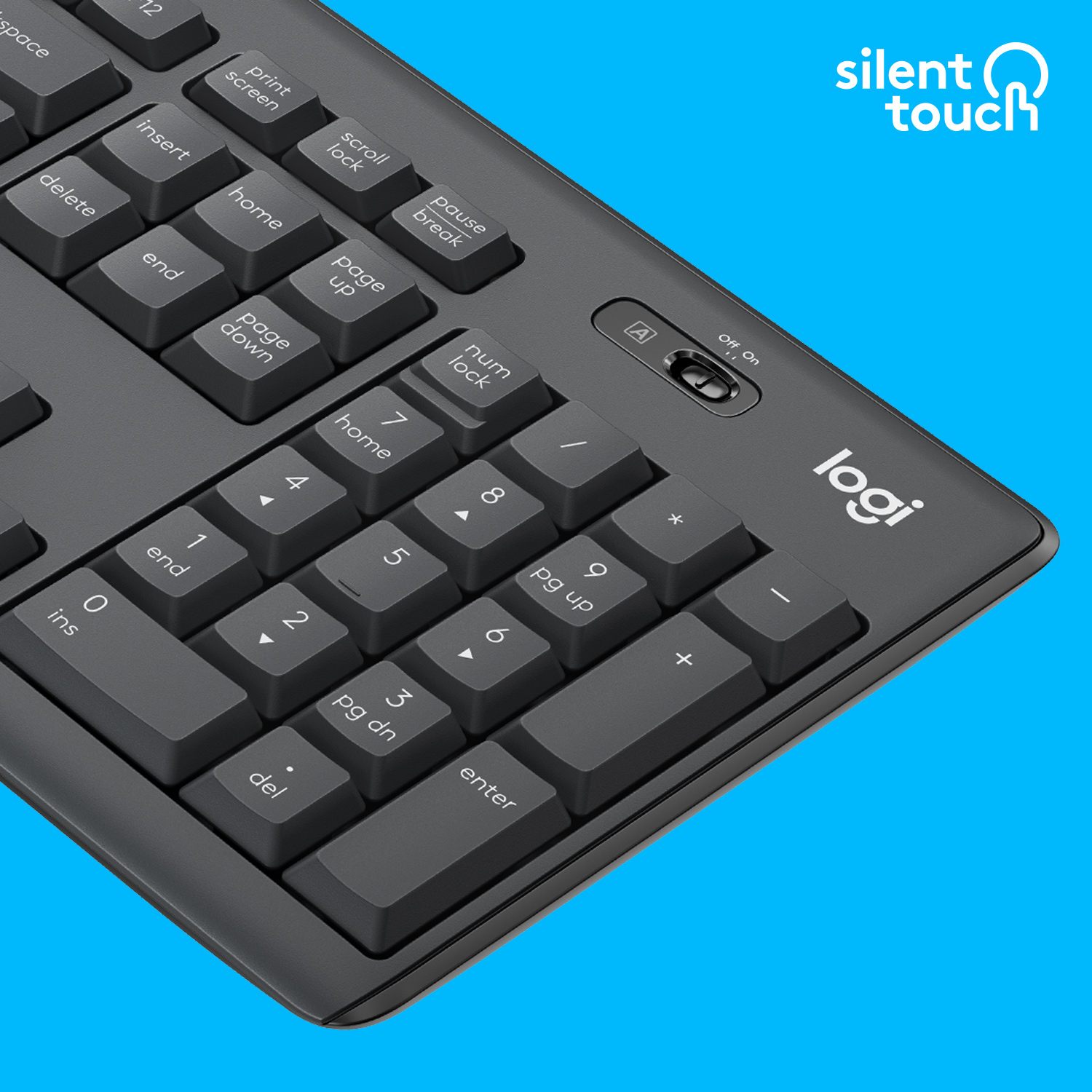 Schwarze Tastatur mit weißen Tasten und Nummernblock. Das Silent-Touch-Logo ist sichtbar.