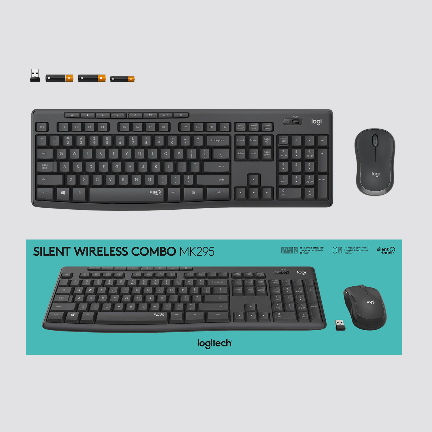 Ein schwarzes kabelloses Logitech-Tastatur- und Maus-Set auf türkisblauem Hintergrund mit Zubehör.