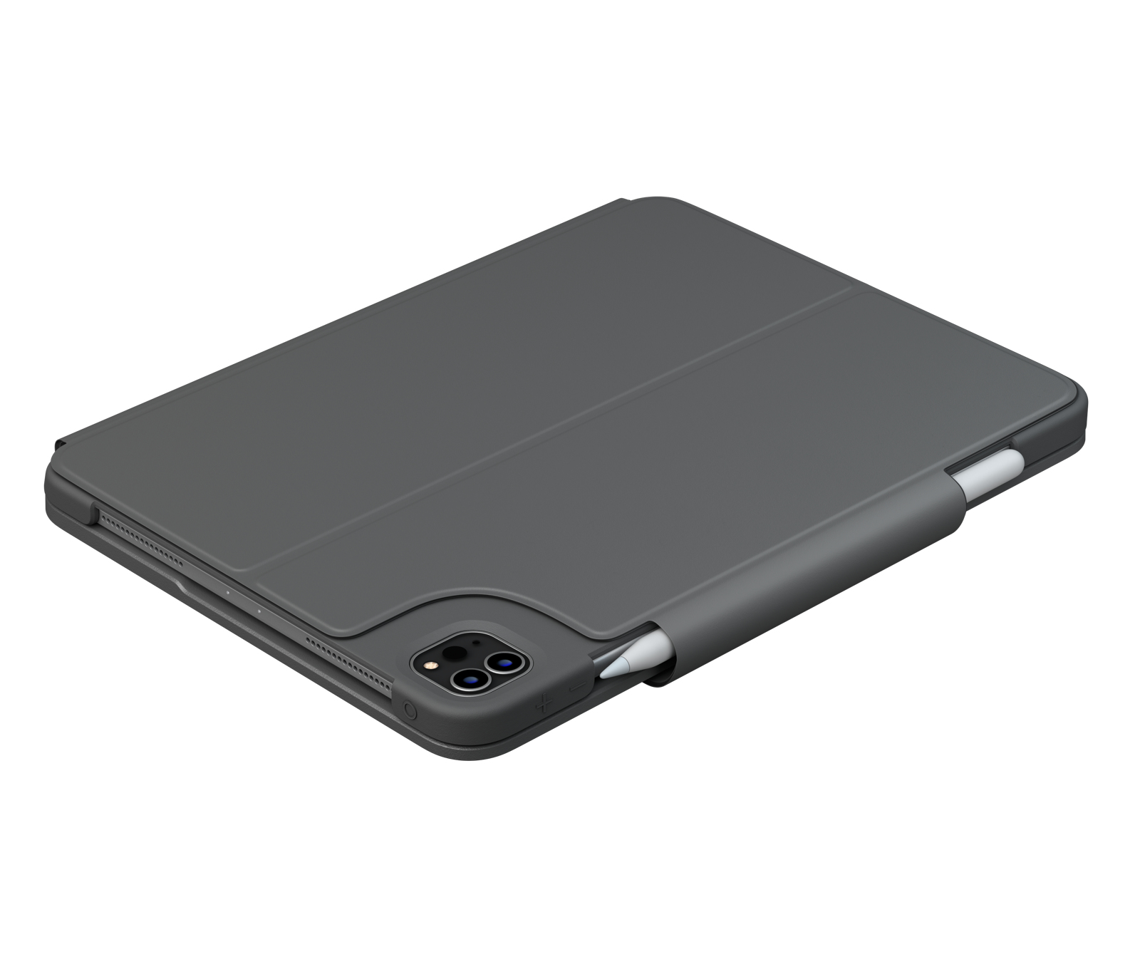 Graues iPad-Case mit Stifthalter. Stift eingesetzt, geschlossene Ansicht.