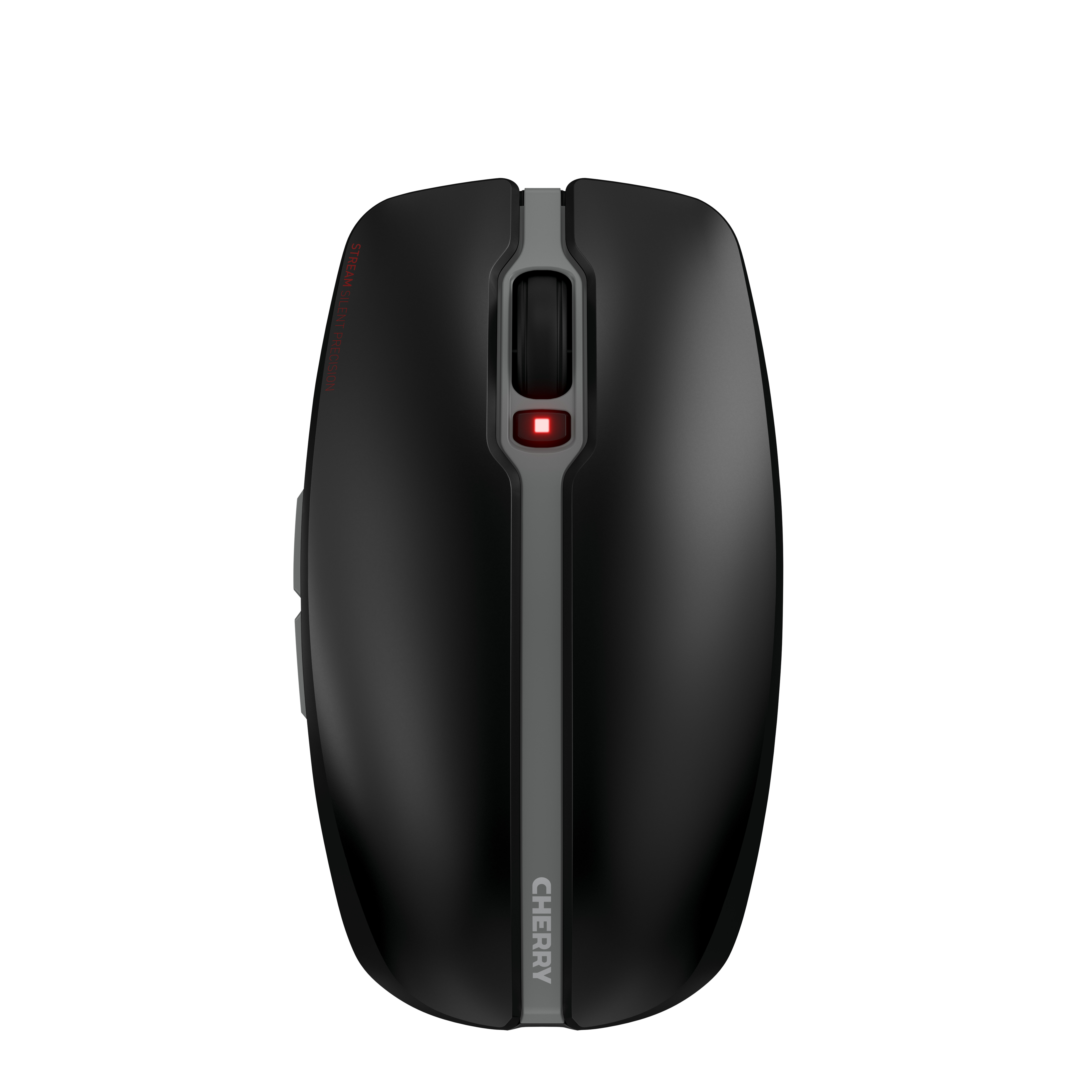 Un ratón inalámbrico Cherry negro con una franja gris y una luz roja, aislado sobre un fondo blanco.