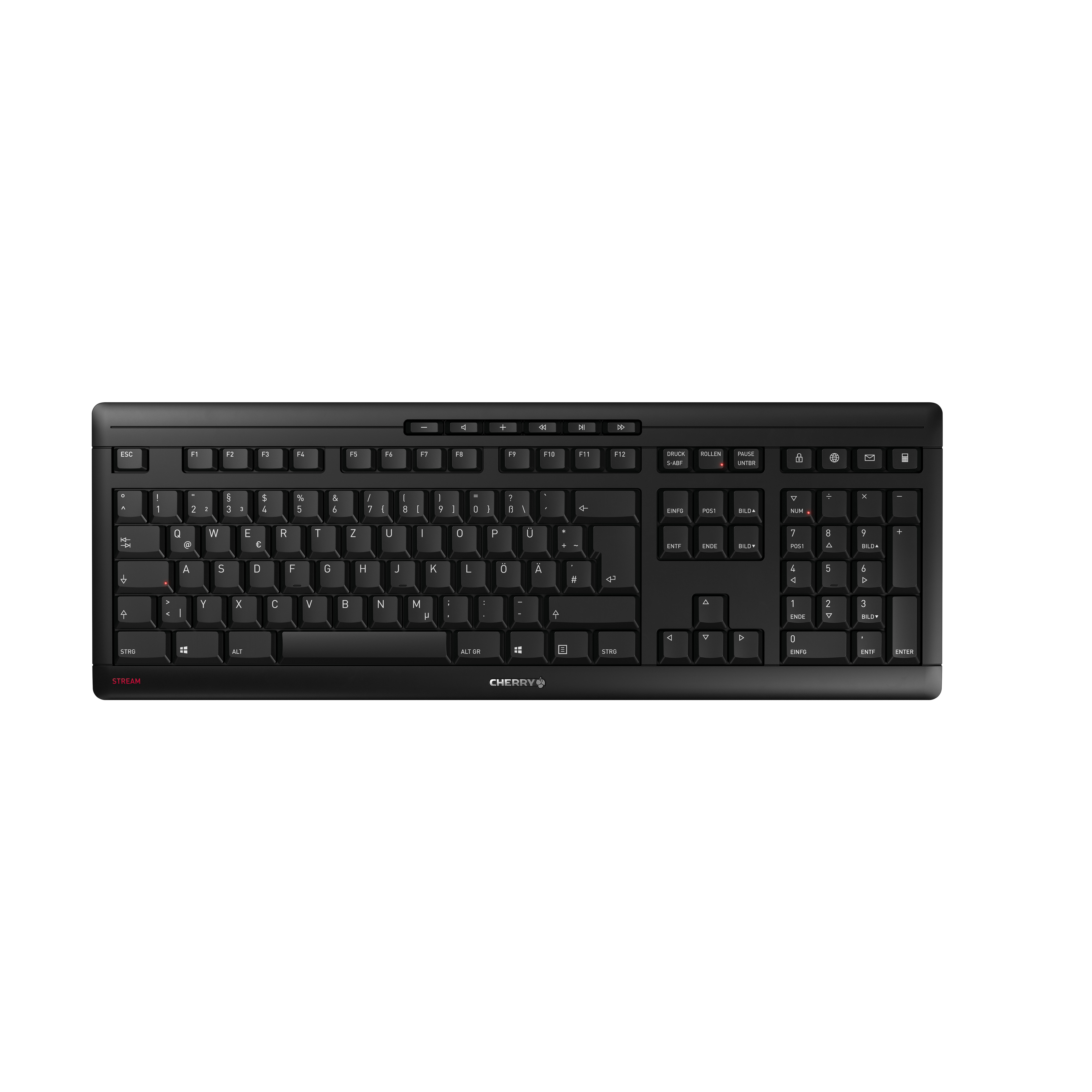 Un teclado Cherry negro con caracteres blancos y un logo STREAM rojo, sobre fondo blanco.