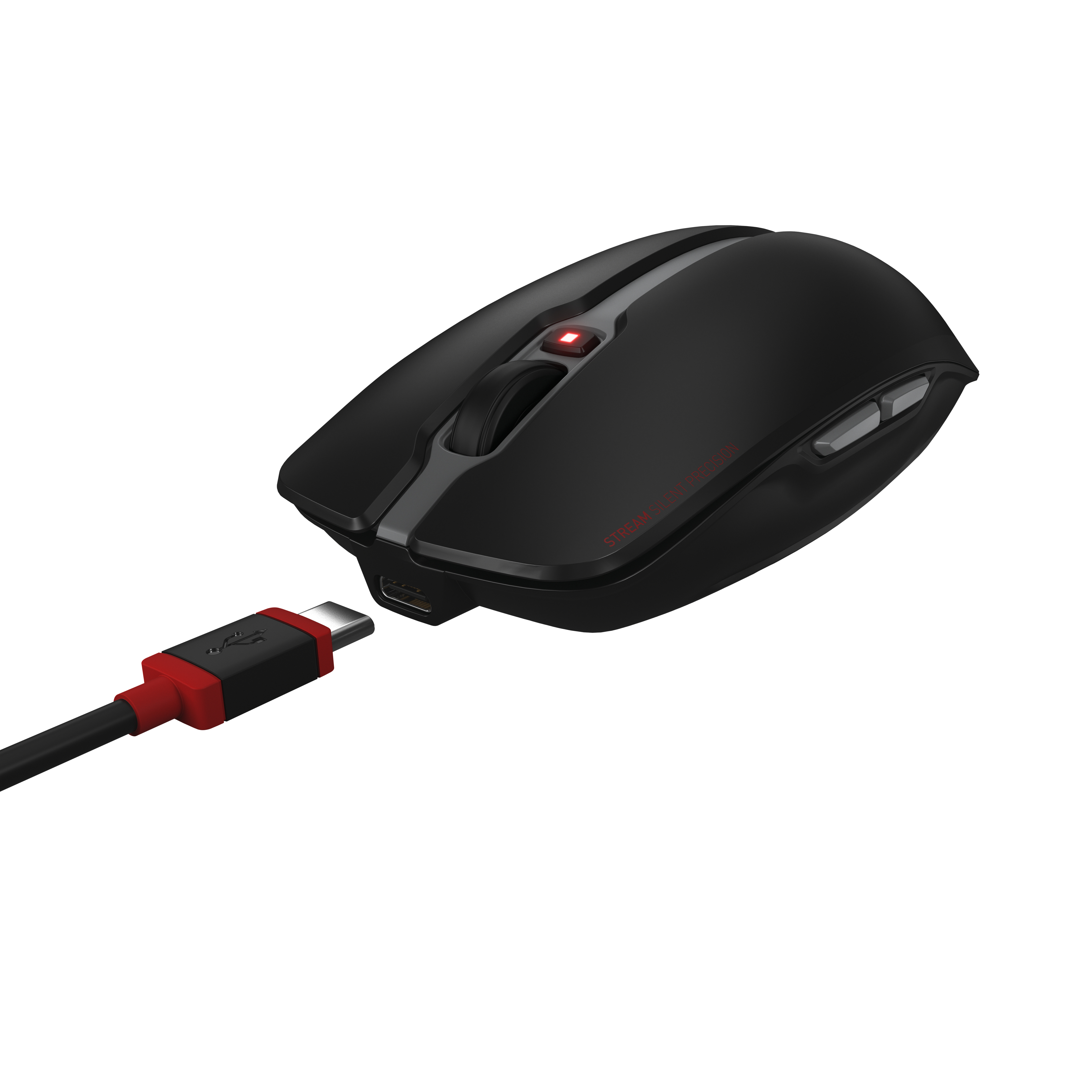 Ratón negro con cable USB-C rojo conectado, con detalles rojos, sobre una superficie blanca.