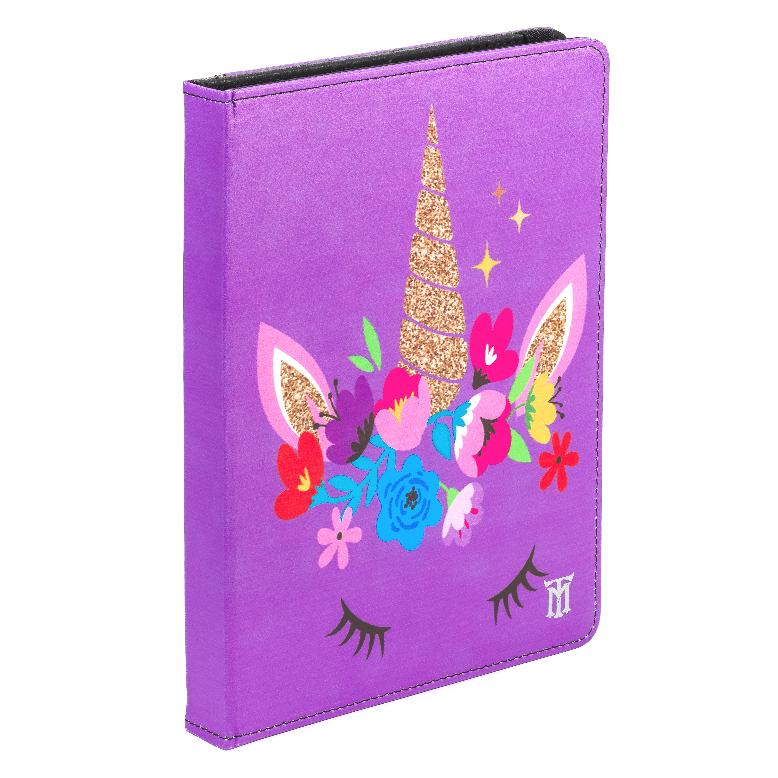 Funda de tableta púrpura con diseño de unicornio. La funda está cerrada y tiene un diseño floral.