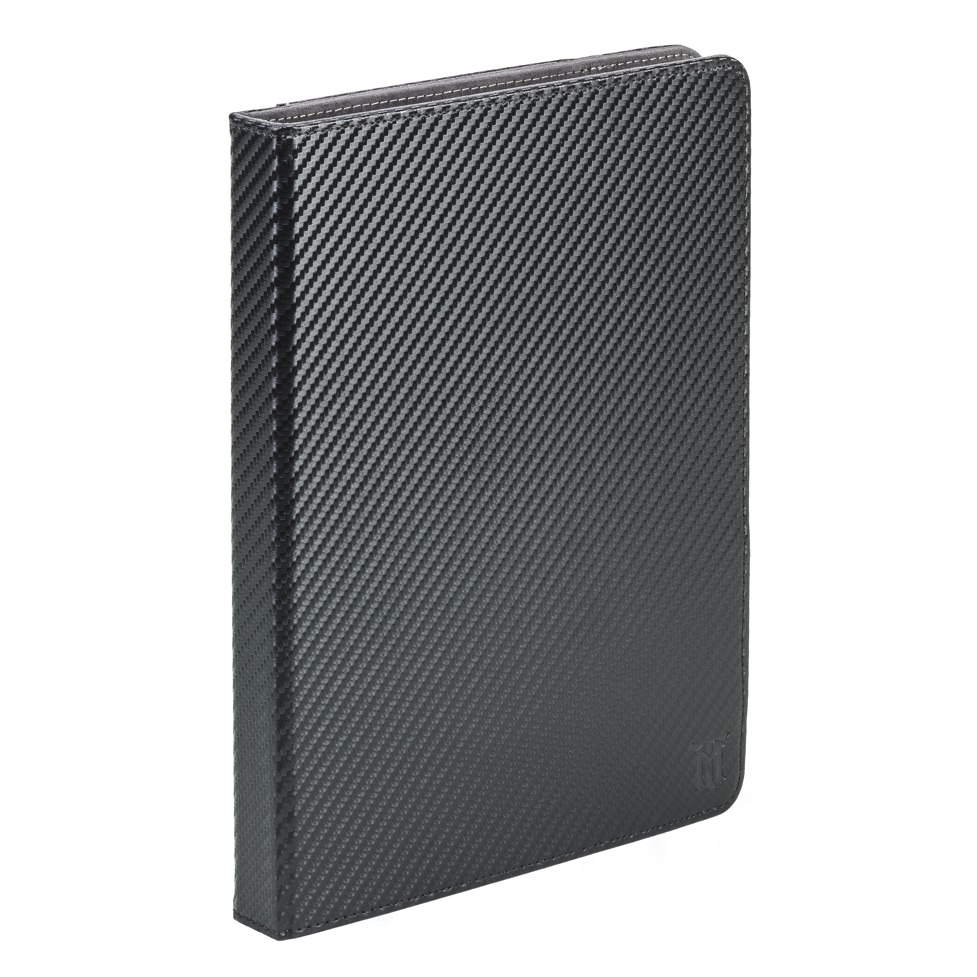 Custodia per tablet nera con texture in fibra di carbonio. La custodia è chiusa e ha una superficie liscia e lucida.