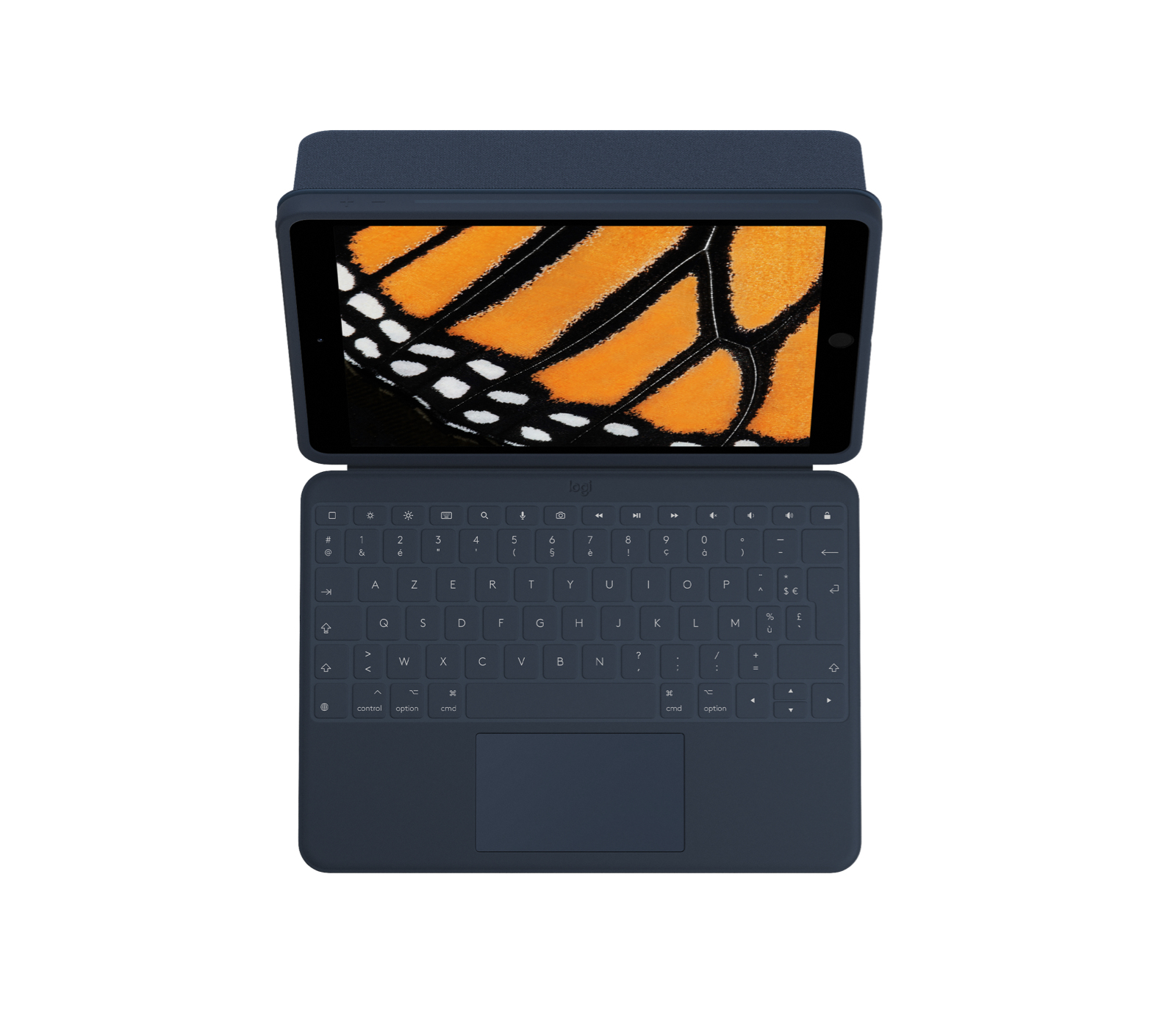 Tableta azul con funda de teclado, imagen de mariposa en la pantalla.